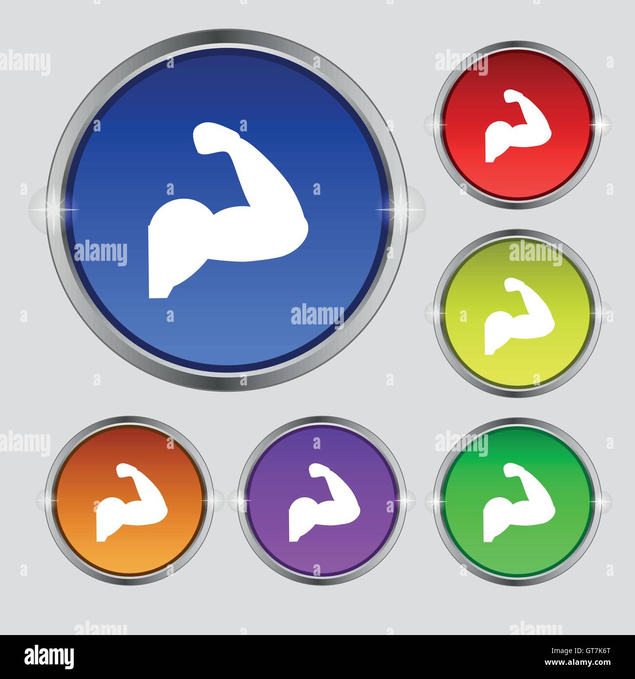 Biceps bras solide. Icône Muscle signe. Le symbole rond sur les boutons de couleurs vives. Vector Illustration de Vecteur