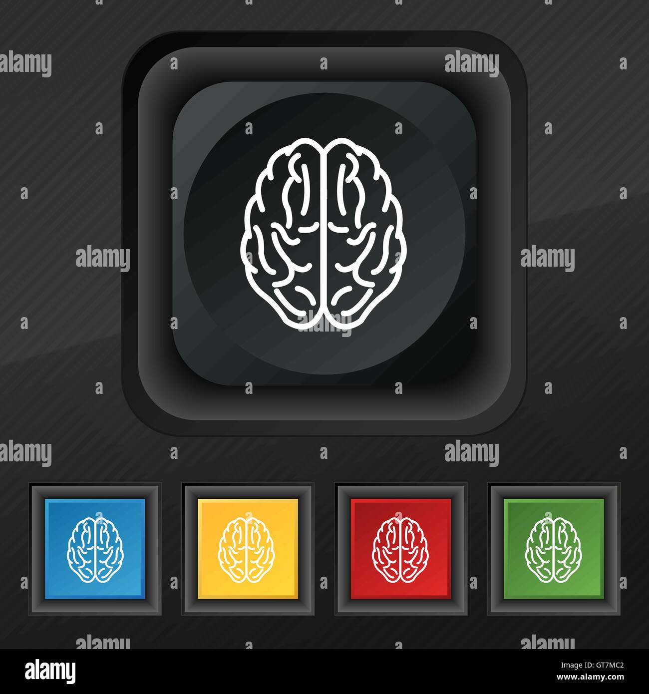 Icône cerveau symbole. Ensemble de cinq boutons coloré et élégant sur la texture noire pour votre conception. Vector Illustration de Vecteur