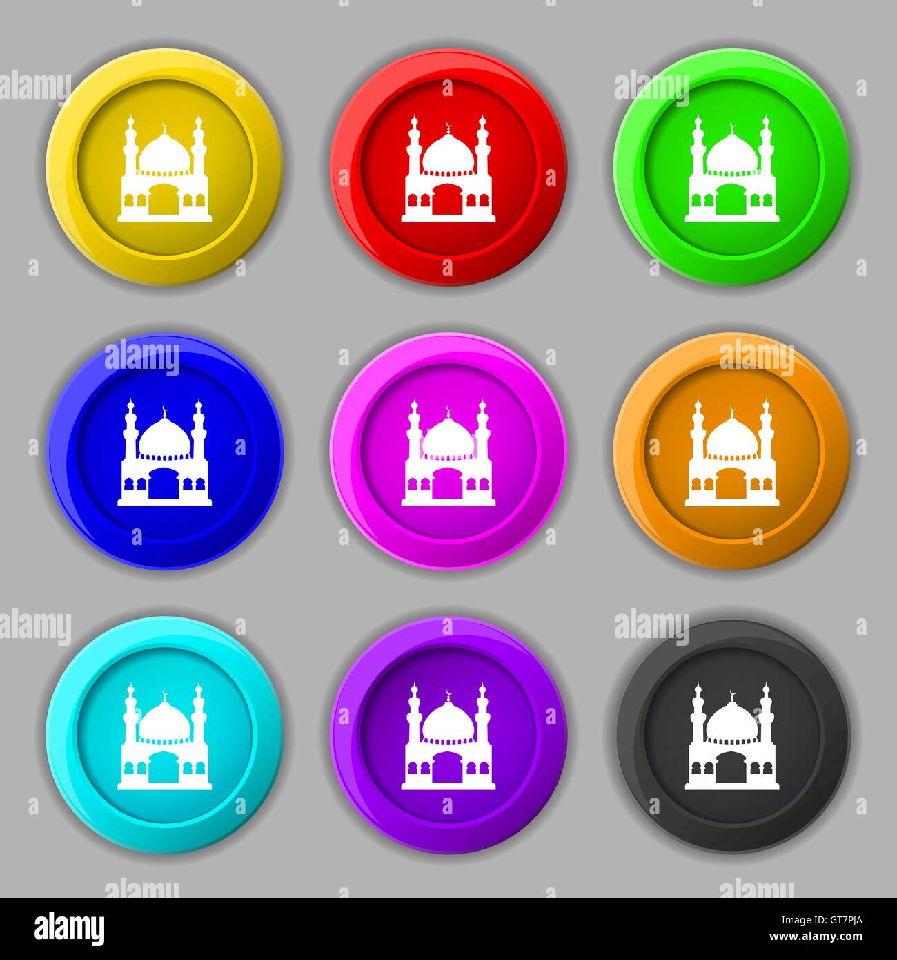 L'architecture de la mosquée Turque, icône signe. symbole sur neuf boutons colorés. Vector Illustration de Vecteur