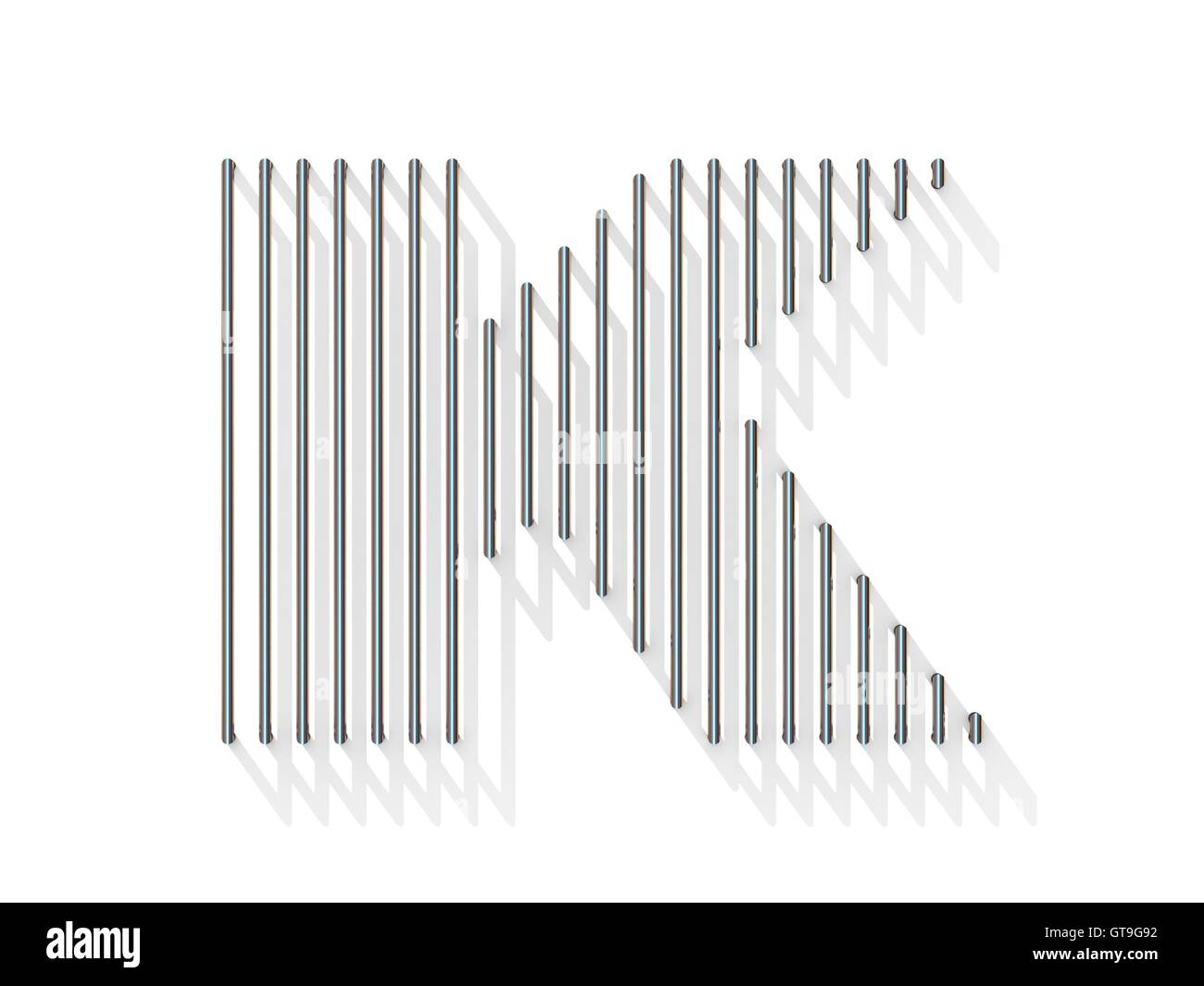 Fil d'acier, d'argent font. Lettre K avec ombre verticale. Rendu 3D illustration isolé sur fond blanc Banque D'Images