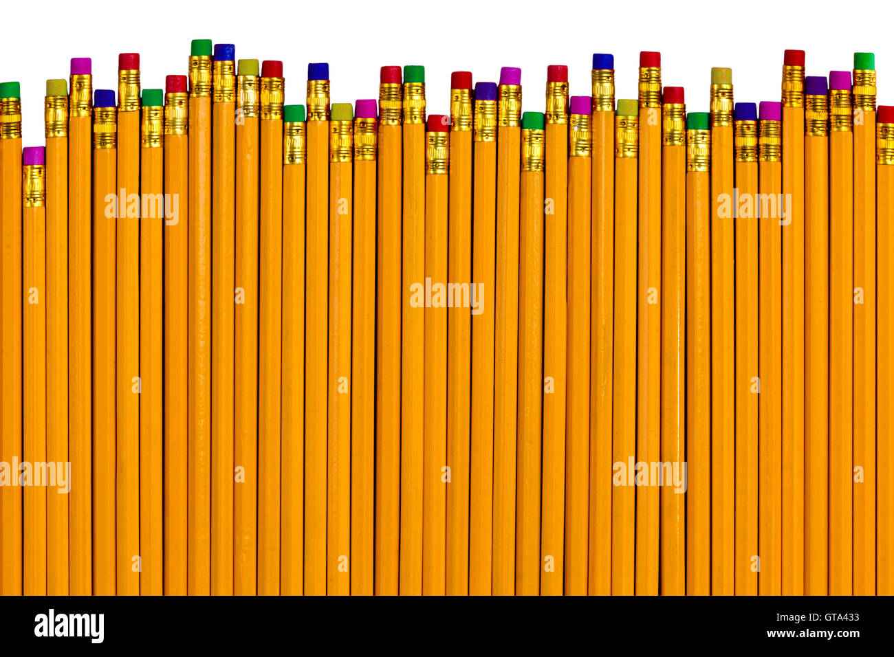 Vue du haut vers le bas de la rangée de crayons de couleur jaune avec gomme tops à différentes hauteurs comme concept pour éliminer divers erreur Banque D'Images