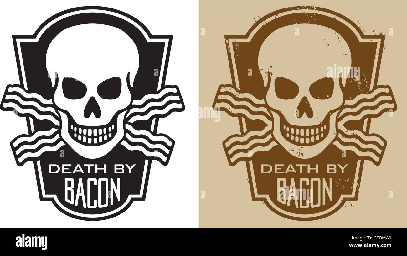 Vector Illustration du crâne avec traversée du bacon et le slogan "Mort par Bacon'. Inclut des versions propres et grunge. Illustration de Vecteur