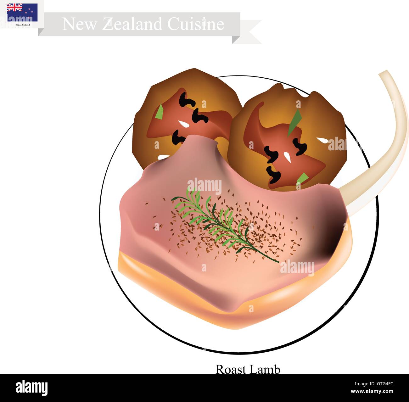 La cuisine néo-zélandaise, Illustration de l'agneau rôti traditionnel Rack avec boulettes de viande. Un plat populaire de la Nouvelle-Zélande. Illustration de Vecteur