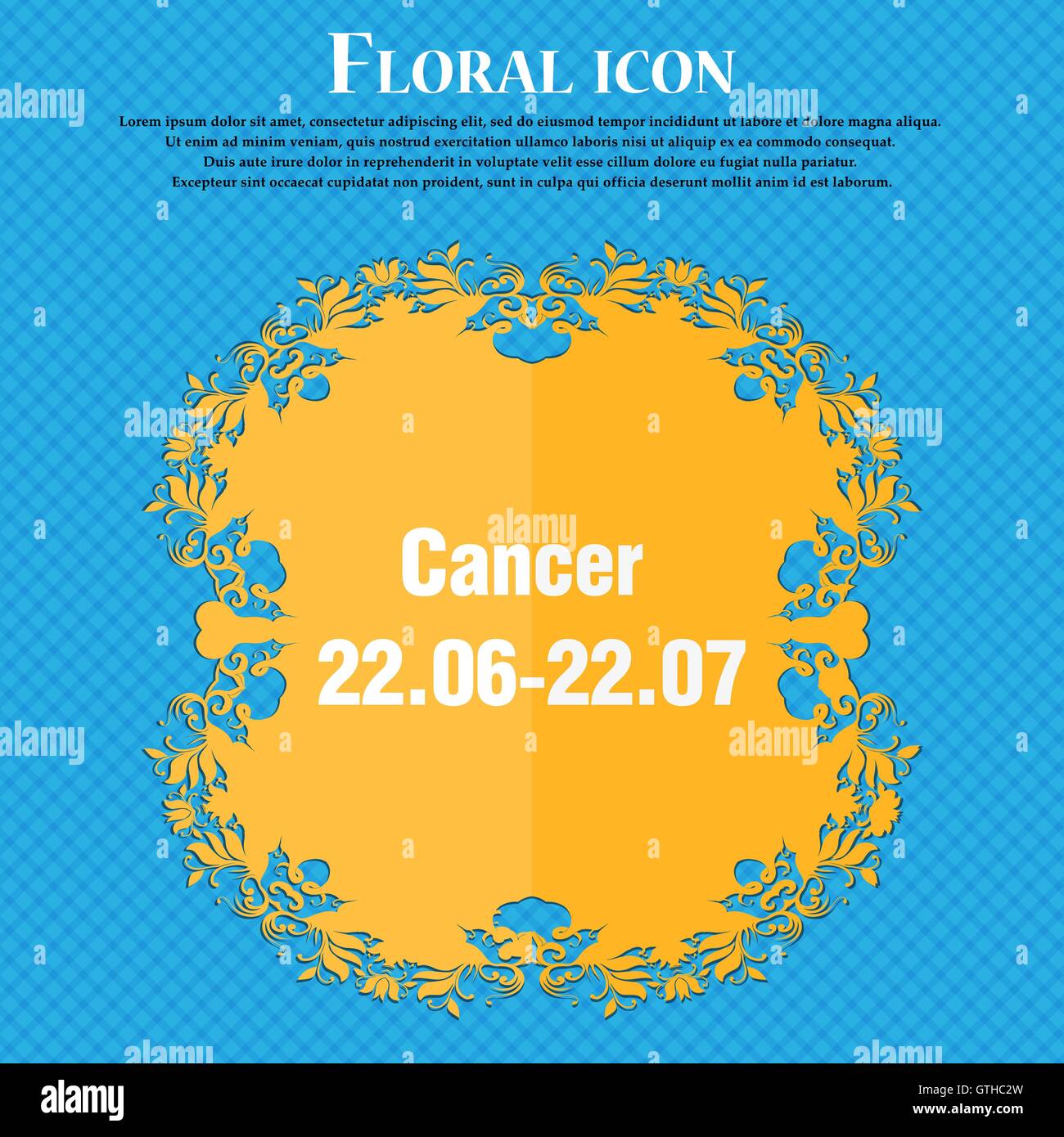 Signe astrologique Cancer icône. Design plat floral sur un fond abstrait bleu avec place pour votre texte. Vector Illustration de Vecteur