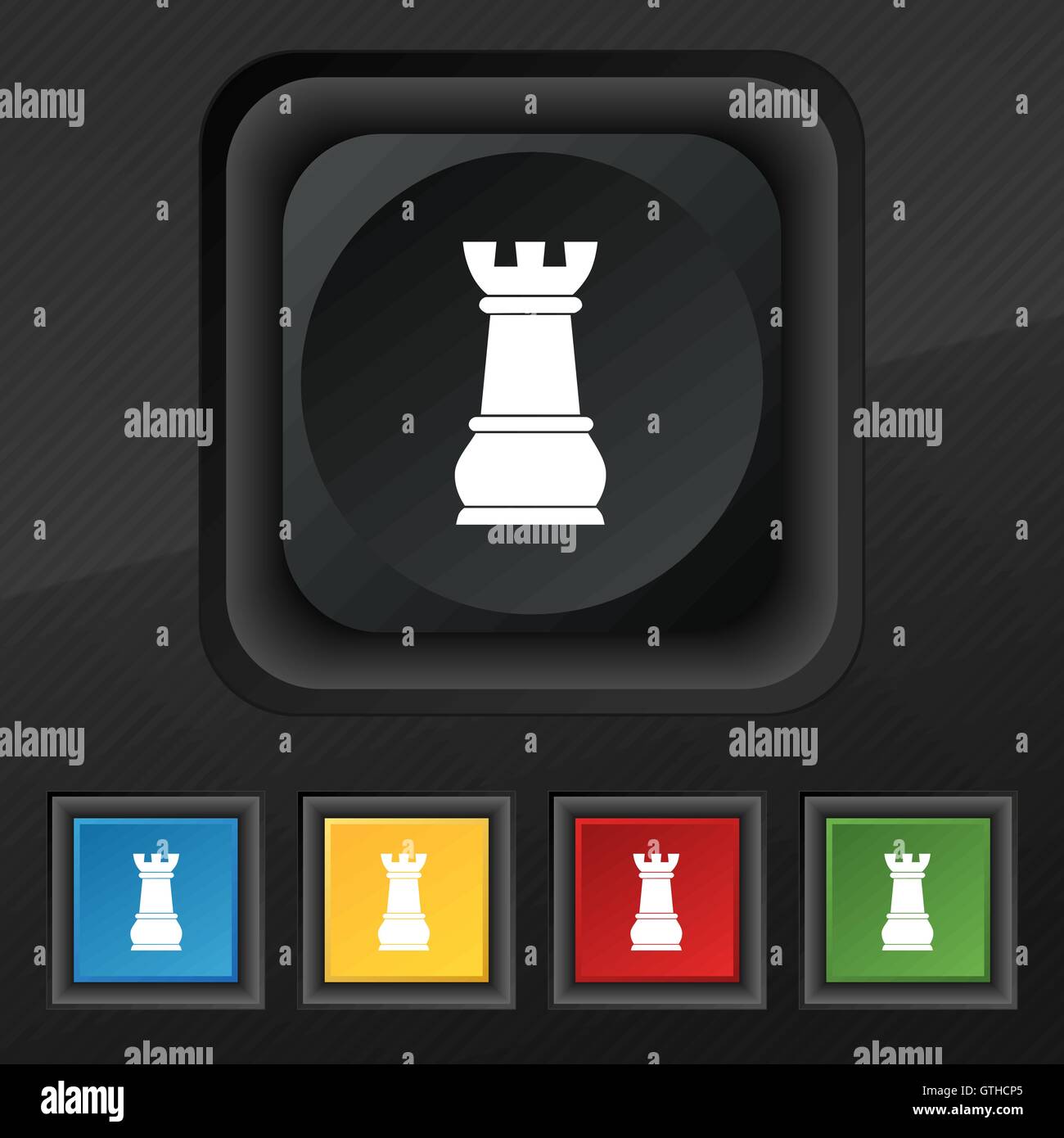 L'icône de tour d'échecs symbole. Ensemble de cinq boutons coloré et élégant sur la texture noire pour votre conception. Vector Illustration de Vecteur