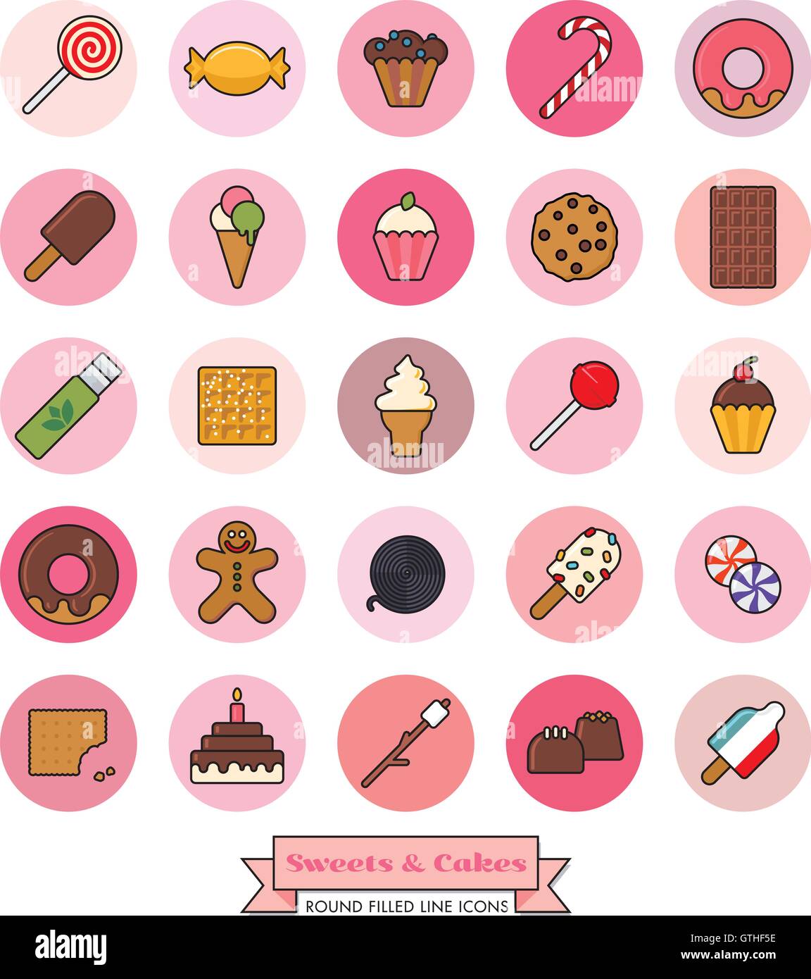 Collecte de bonbons, bonbons, biscuits et gâteaux ligne rempli d'icônes dans les cercles de couleur rose Illustration de Vecteur