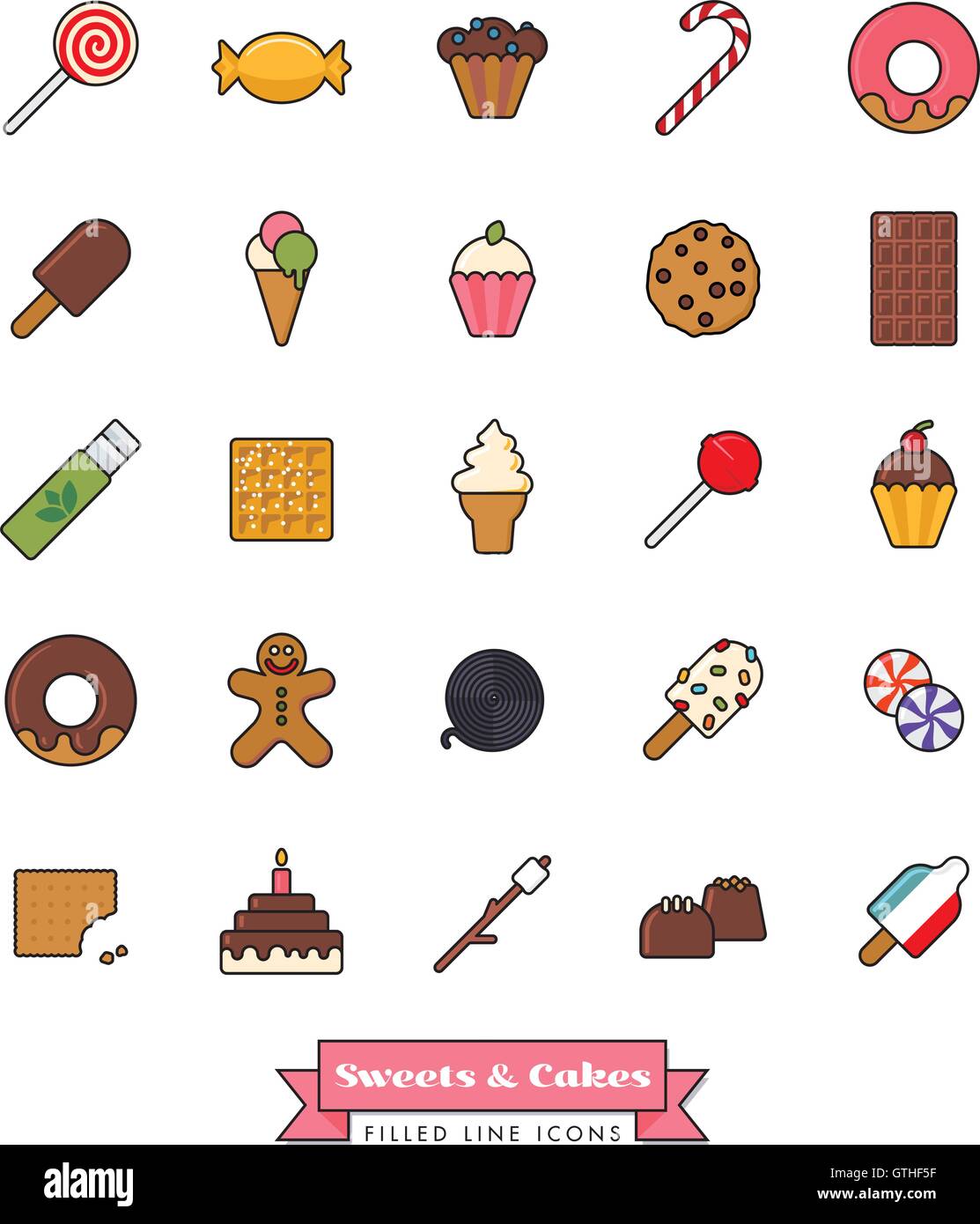 Collecte de bonbons, bonbons, biscuits et gâteaux remplis d'icônes en ligne Illustration de Vecteur