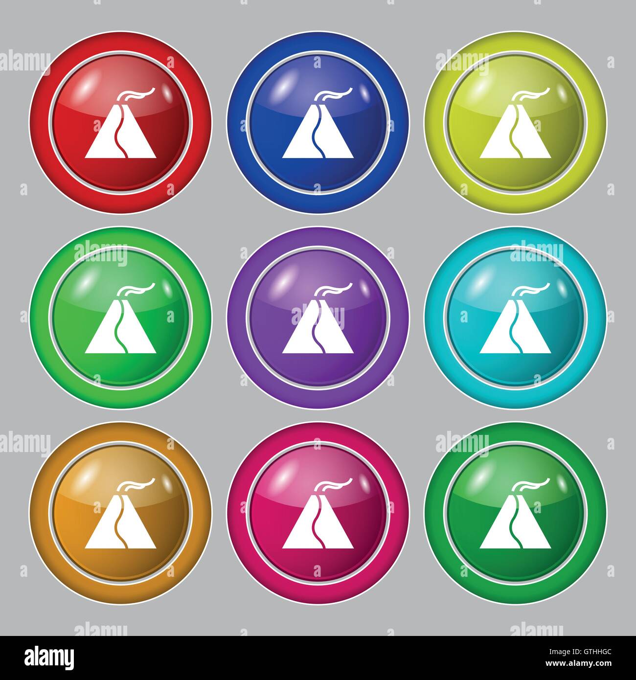 L'icône actif volcan en éruption signe. symbole sur neuf boutons colorés. Vector Illustration de Vecteur