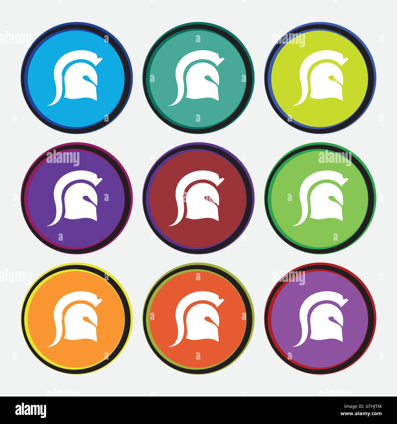 L'icône Casque spartiate signe. 9 boutons ronds multicolores. Vector Illustration de Vecteur