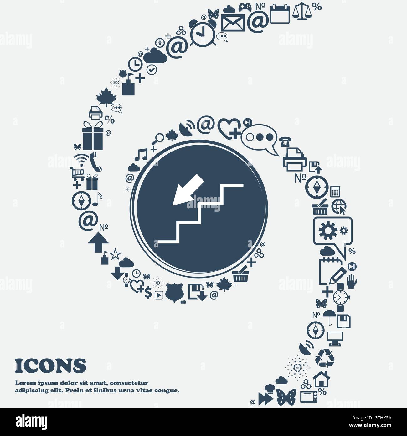 Descente sur l'icône dans le centre. Autour de la beaucoup de beaux symboles torsadés en spirale. Vous pouvez utiliser chacune séparément pour votre des Illustration de Vecteur