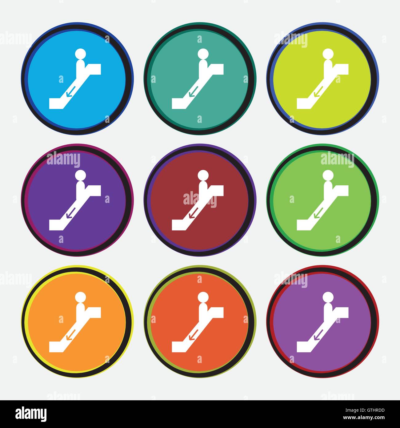 Icône d'escalator signe. 9 boutons ronds multicolores. Vector Illustration de Vecteur