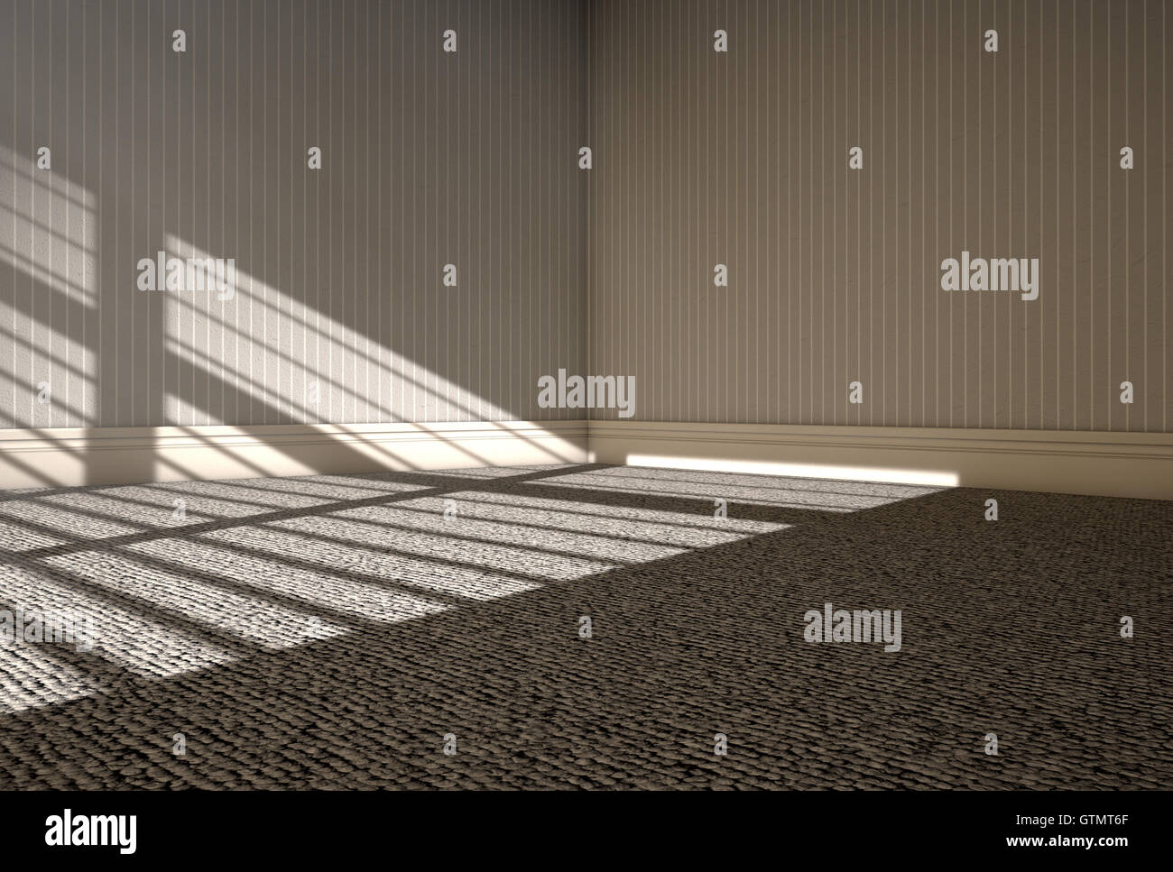 Un rendu 3D d'une chambre à vide avec la lumière du soleil du matin lumineux éclairant through blinds Banque D'Images