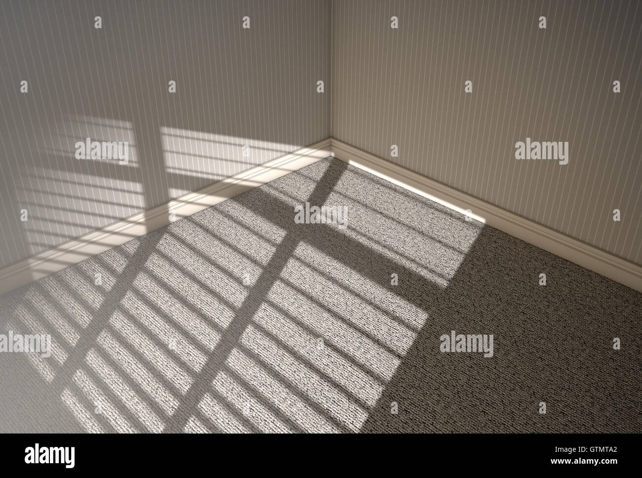 Un rendu 3D d'une chambre à vide avec la lumière du soleil du matin lumineux éclairant through blinds Banque D'Images