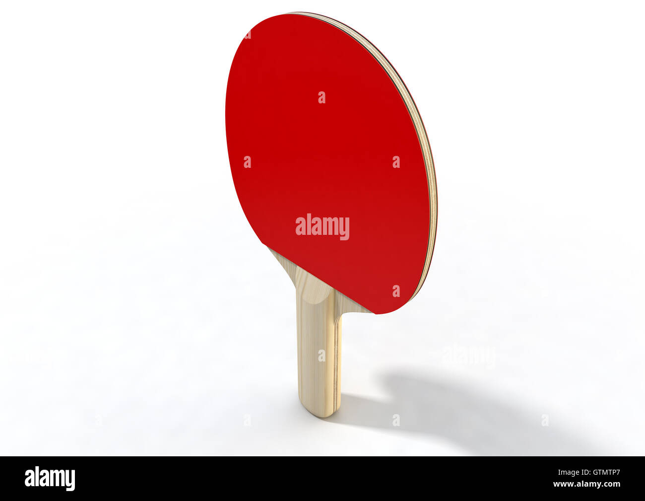 Un rendu 3D d'un paddle tennis de table rouge sur un fond studio blanc isolé Banque D'Images