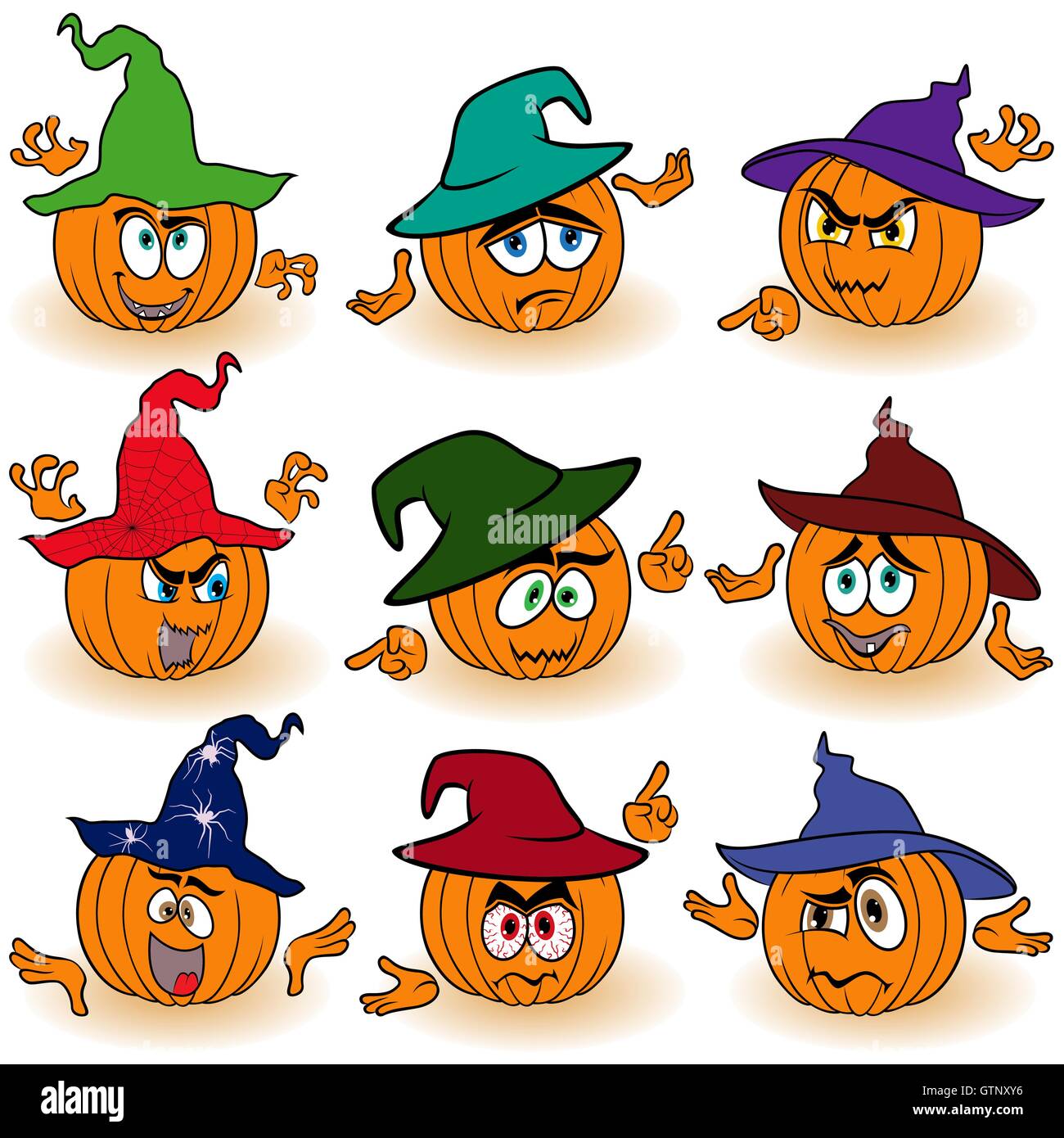 Ensemble de neuf orange Halloween pumpkins en couleur chapeaux que gesticuler avec mains isolé sur le fond blanc, cartoon vector Illustration de Vecteur