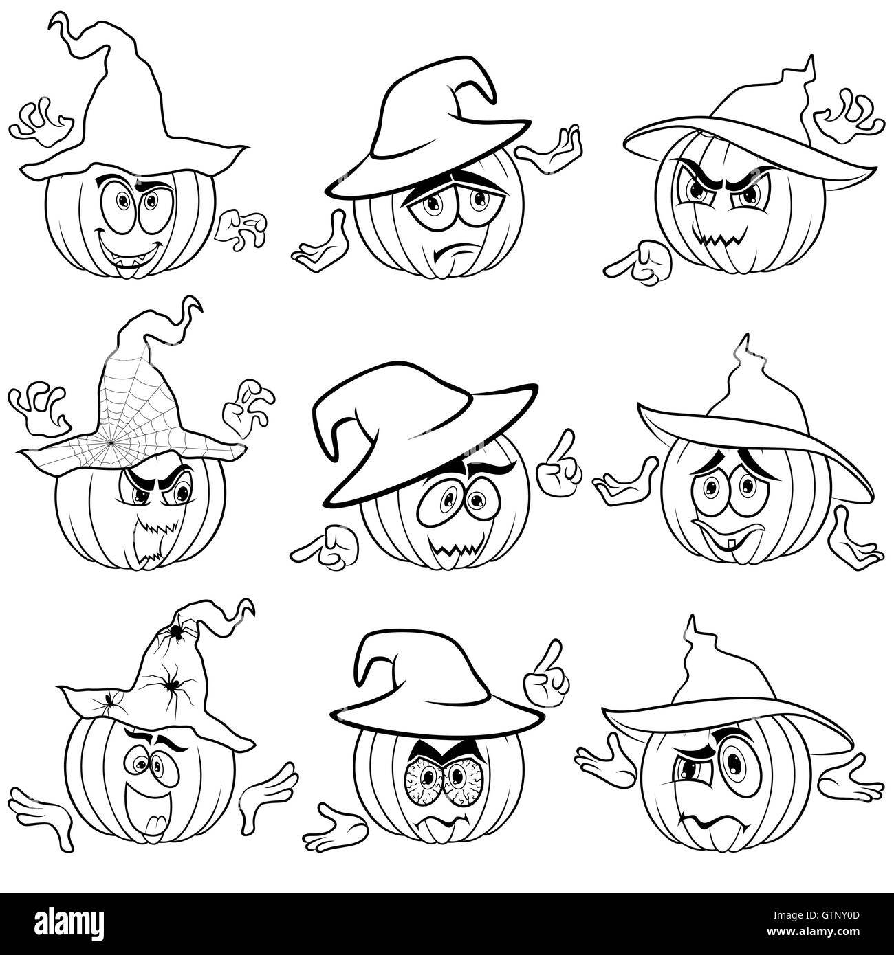 Série de 9 citrouilles d'Halloween dans chapeaux que gesticuler avec mains isolé sur le fond blanc, cartoon vector décrit Illustration de Vecteur