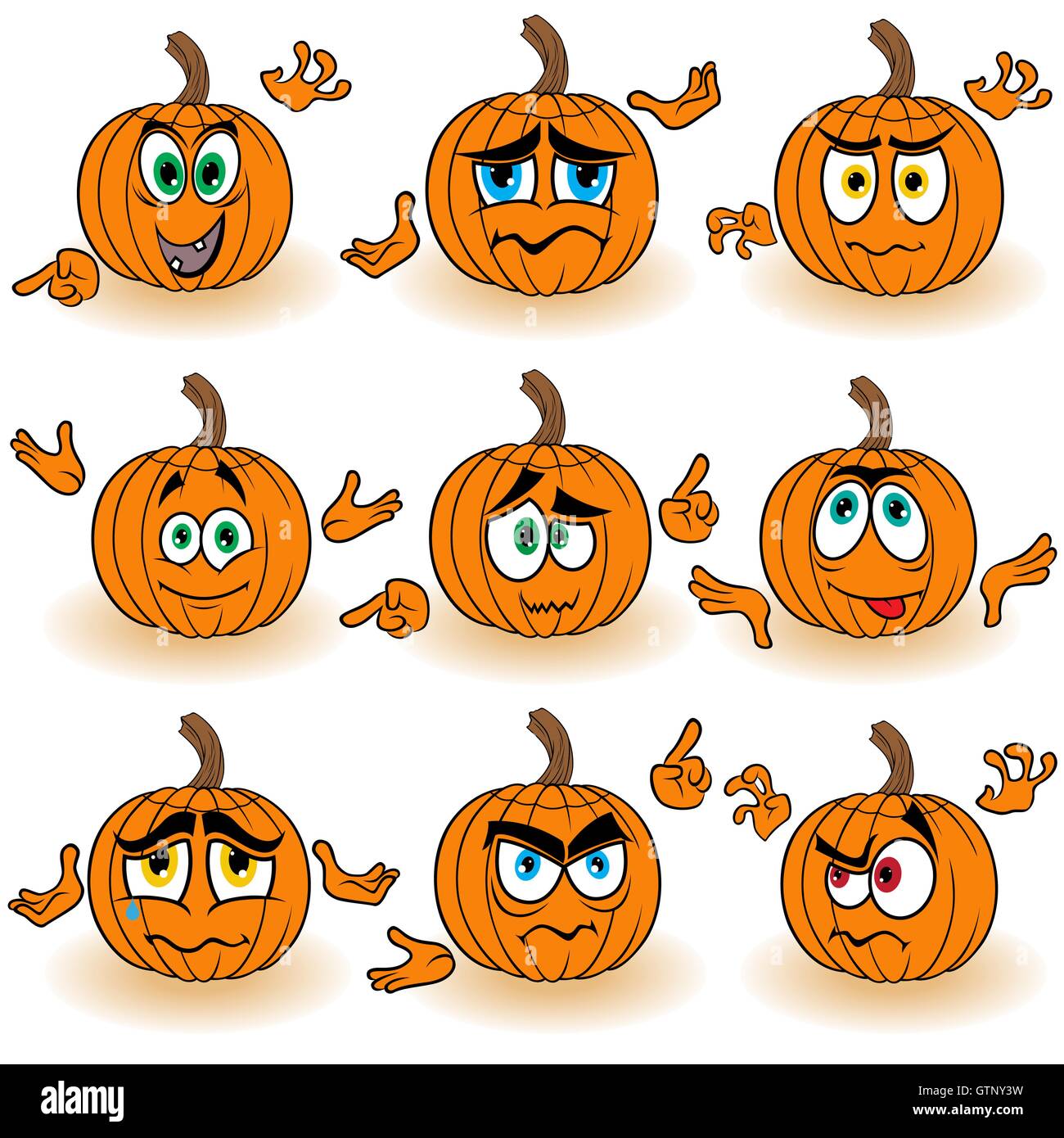 Série de 9 citrouilles orange Halloween amusante que gesticuler avec mains isolé sur le fond blanc, cartoon vector illus Illustration de Vecteur