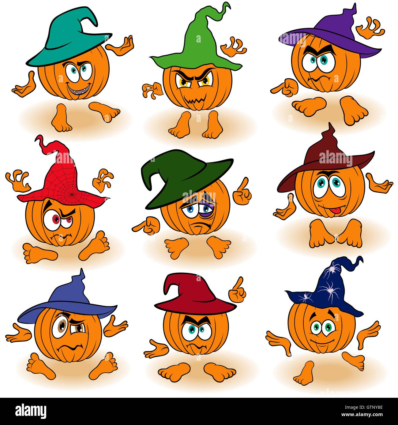 Ensemble de neuf orange Halloween pumpkins en couleur chapeaux que gesticuler avec mains et pieds isolé sur le fond blanc, carto Illustration de Vecteur