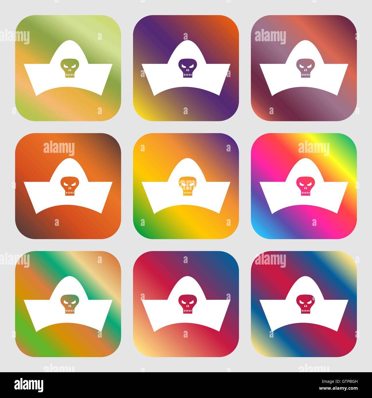 Chapeau de pirate noir avec tête de mort de l'icône . 9 boutons avec des dégradés lumineux pour beau design. Vector Illustration de Vecteur Chapeau de pirate noir avec tête de mort de l'icône . 9 boutons avec des dégradés lumineux pour beau design. Vector Illustration de Vecteur