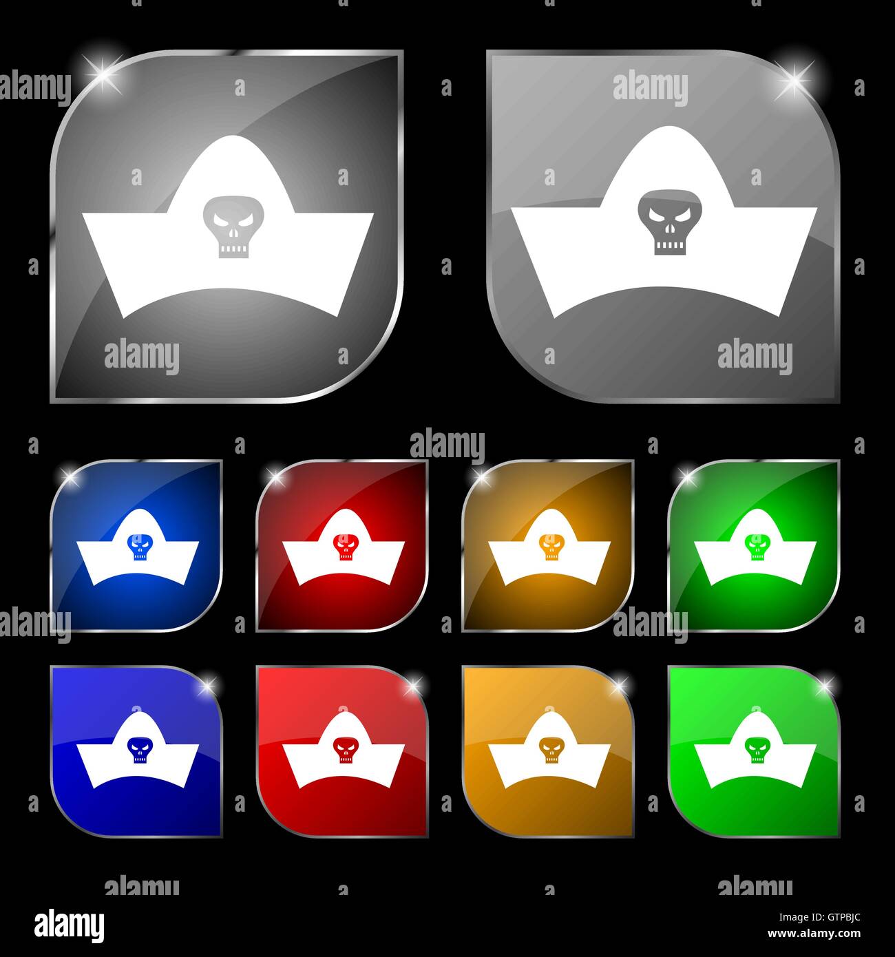Chapeau de pirate noir avec tête de mort signe l'icône. Ensemble de dix boutons colorés avec éblouissement. Vector Illustration de Vecteur Chapeau de pirate noir avec tête de mort signe l'icône. Ensemble de dix boutons colorés avec éblouissement. Vector Illustration de Vecteur