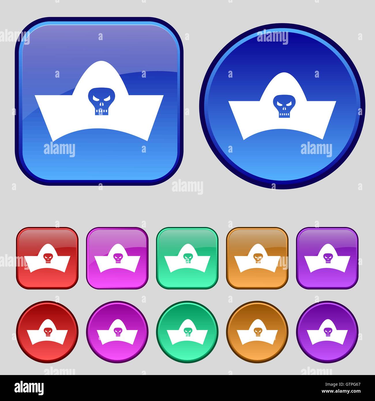 Chapeau de pirate noir avec tête de mort signe l'icône. Une série de douze boutons vintage pour votre conception. Vector Illustration de Vecteur Chapeau de pirate noir avec tête de mort signe l'icône. Une série de douze boutons vintage pour votre conception. Vector Illustration de Vecteur