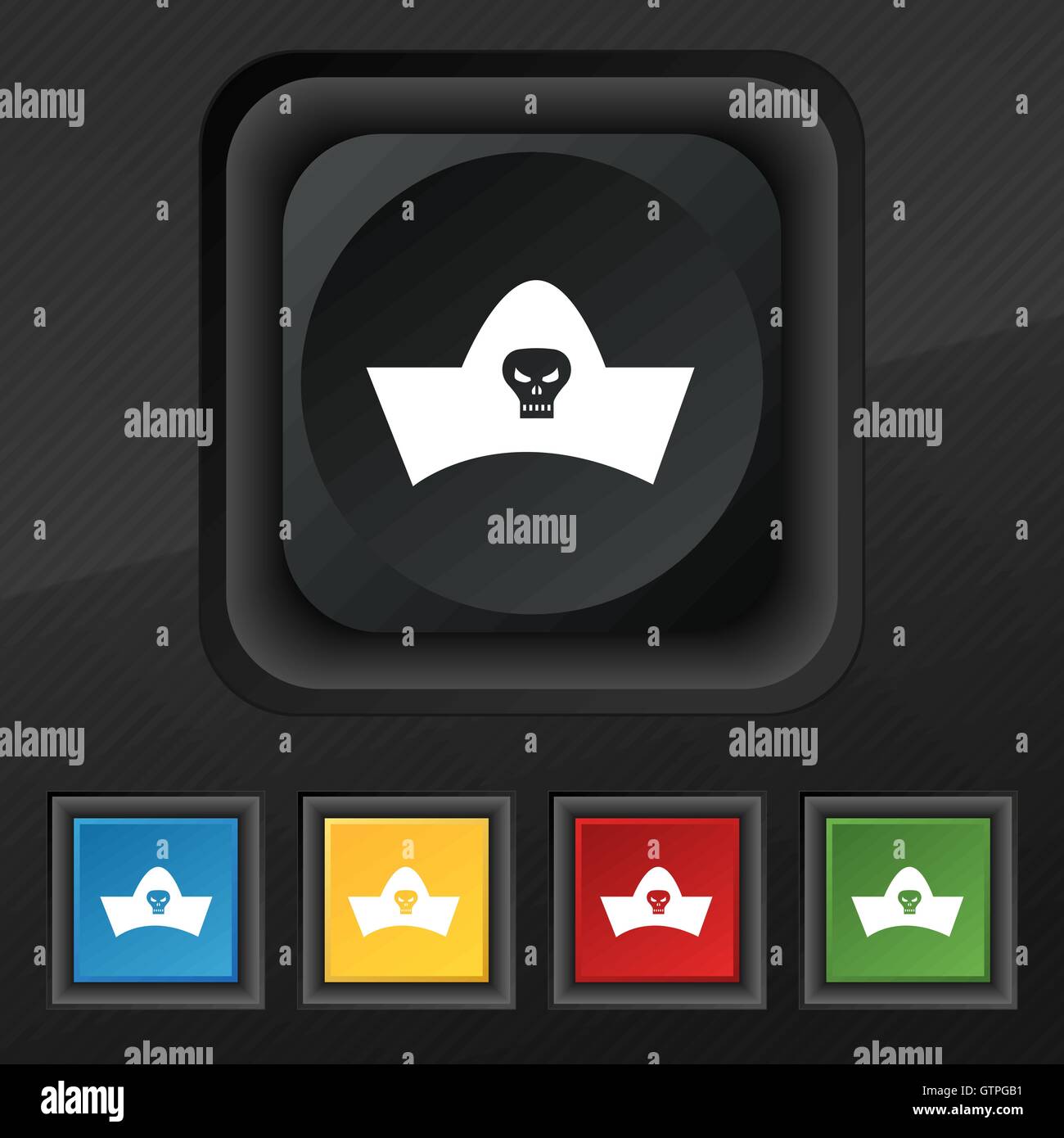 Chapeau de pirate noir avec tête de mort symbole icône. Ensemble de cinq boutons coloré et élégant sur la texture noire pour votre conception. Illustration de Vecteur Chapeau de pirate noir avec tête de mort symbole icône. Ensemble de cinq boutons coloré et élégant sur la texture noire pour votre conception. Illustration de Vecteur