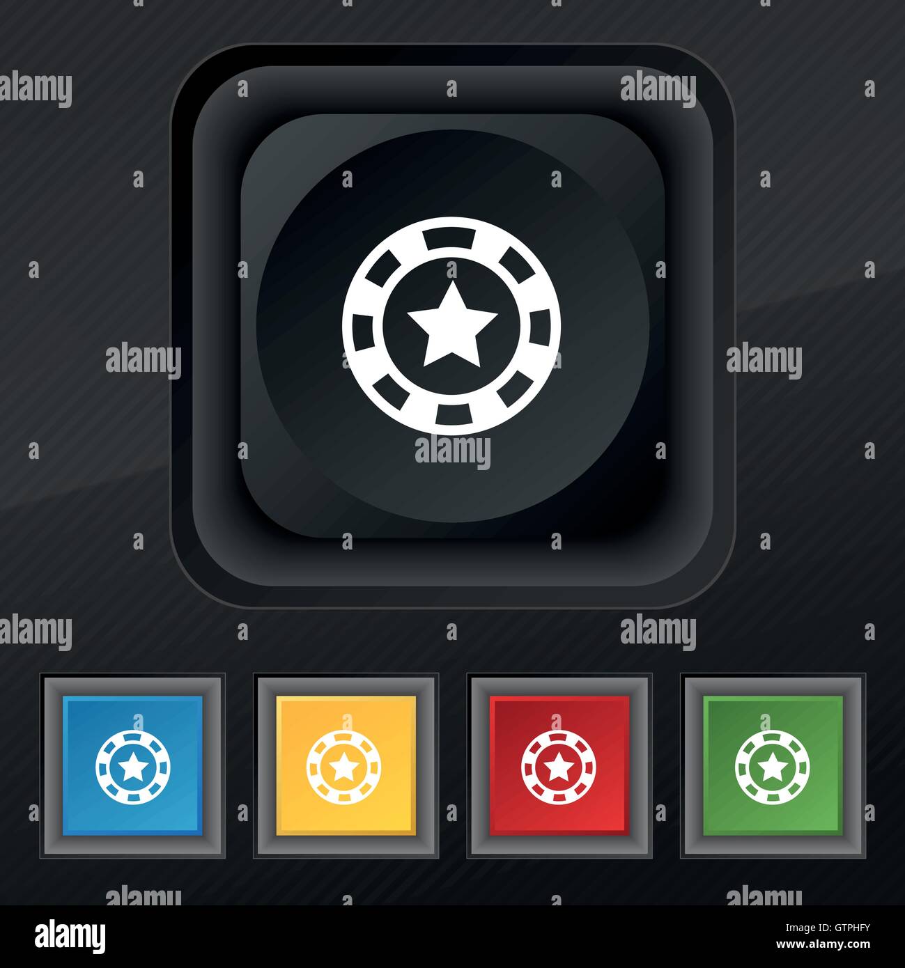 L'icône Casino symbole. Ensemble de cinq boutons coloré et élégant sur la texture noire pour votre conception. Vector Illustration de Vecteur