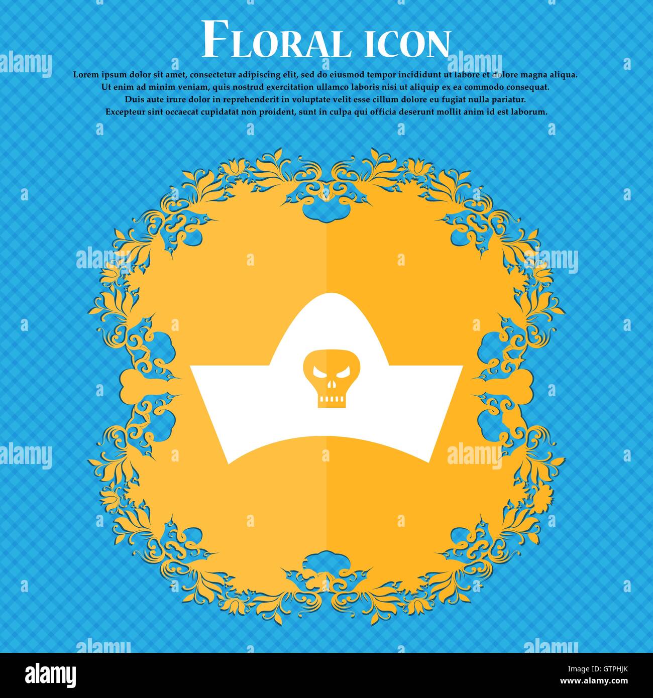 Chapeau de pirate noir avec tête de mort icon icon. Design plat floral sur un fond abstrait bleu avec place pour votre texte. Illustration de Vecteur Chapeau de pirate noir avec tête de mort icon icon. Design plat floral sur un fond abstrait bleu avec place pour votre texte. Illustration de Vecteur