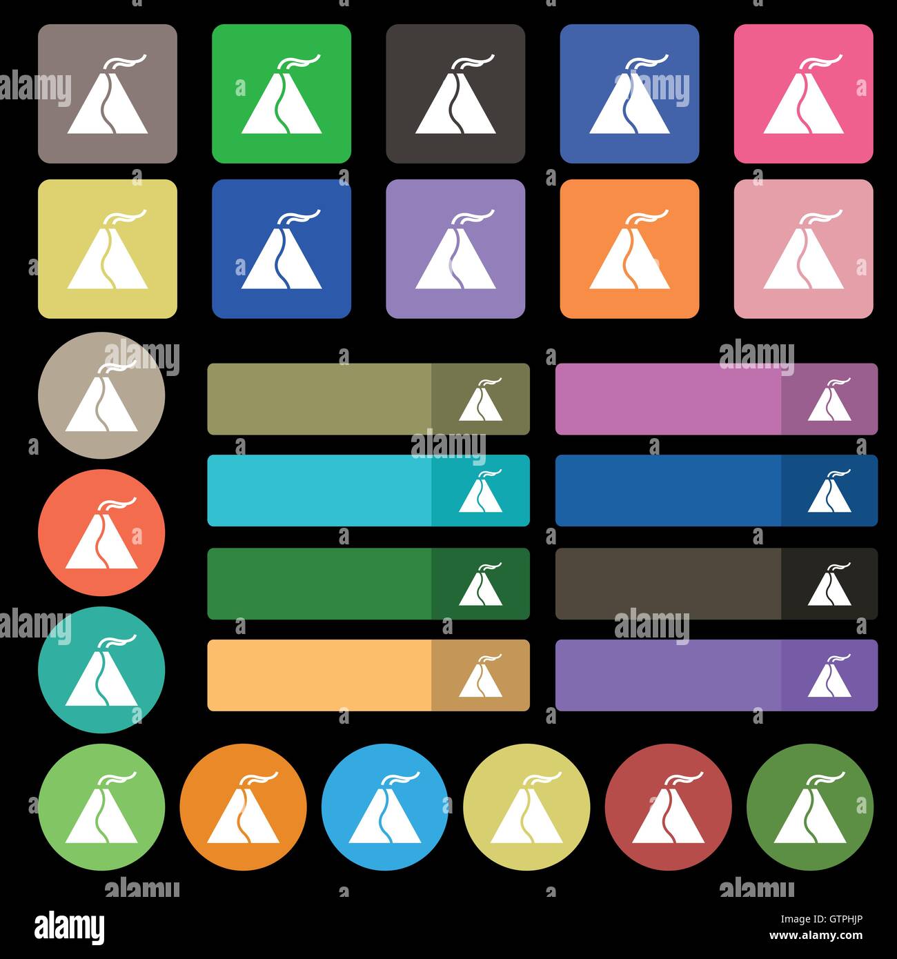 L'icône actif volcan en signe. Set de vingt sept boutons plats multicolores. Vector Illustration de Vecteur
