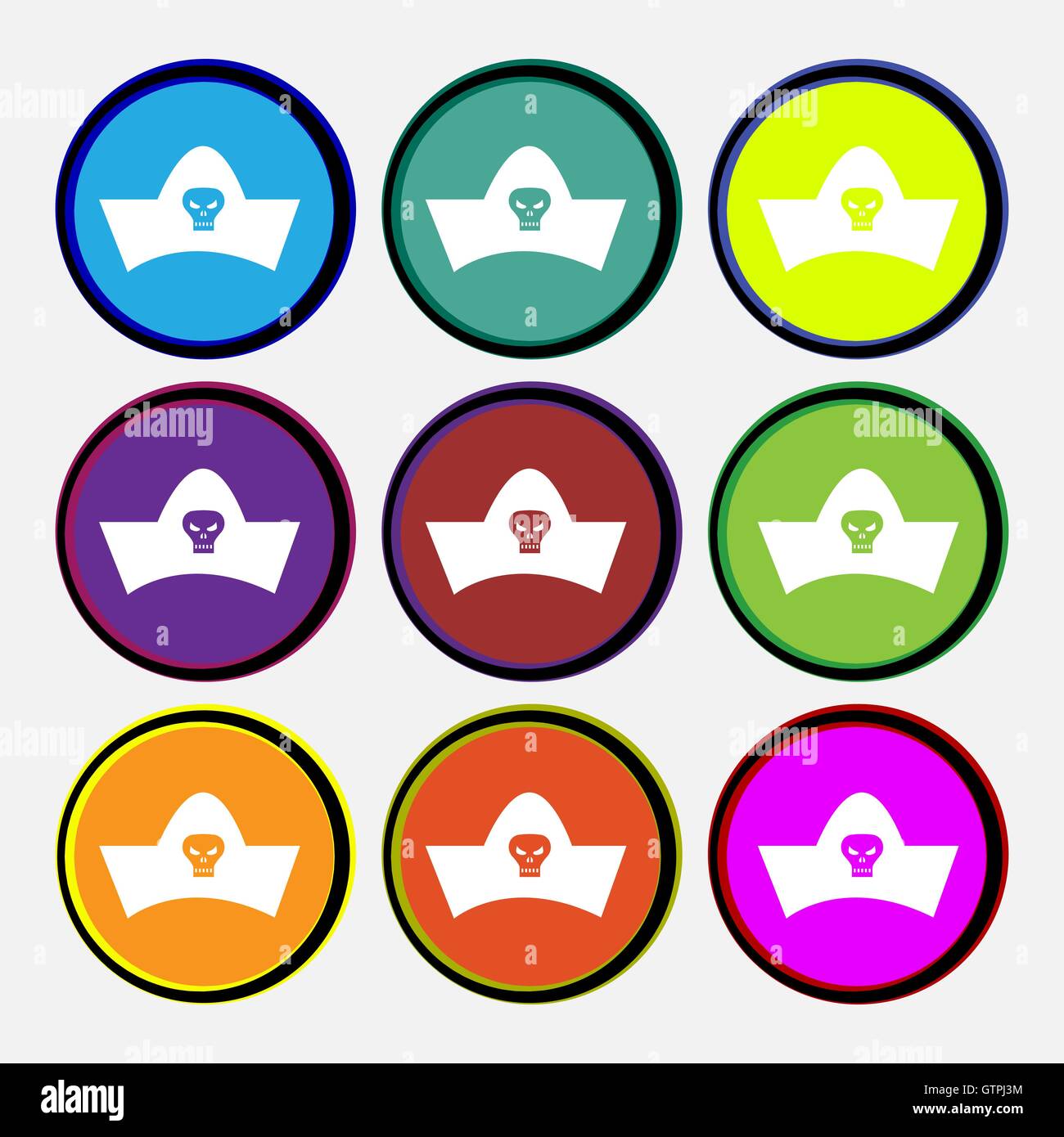 Chapeau de pirate noir avec tête de mort signe l'icône. 9 boutons ronds multicolores. Vector Illustration de Vecteur Chapeau de pirate noir avec tête de mort signe l'icône. 9 boutons ronds multicolores. Vector Illustration de Vecteur