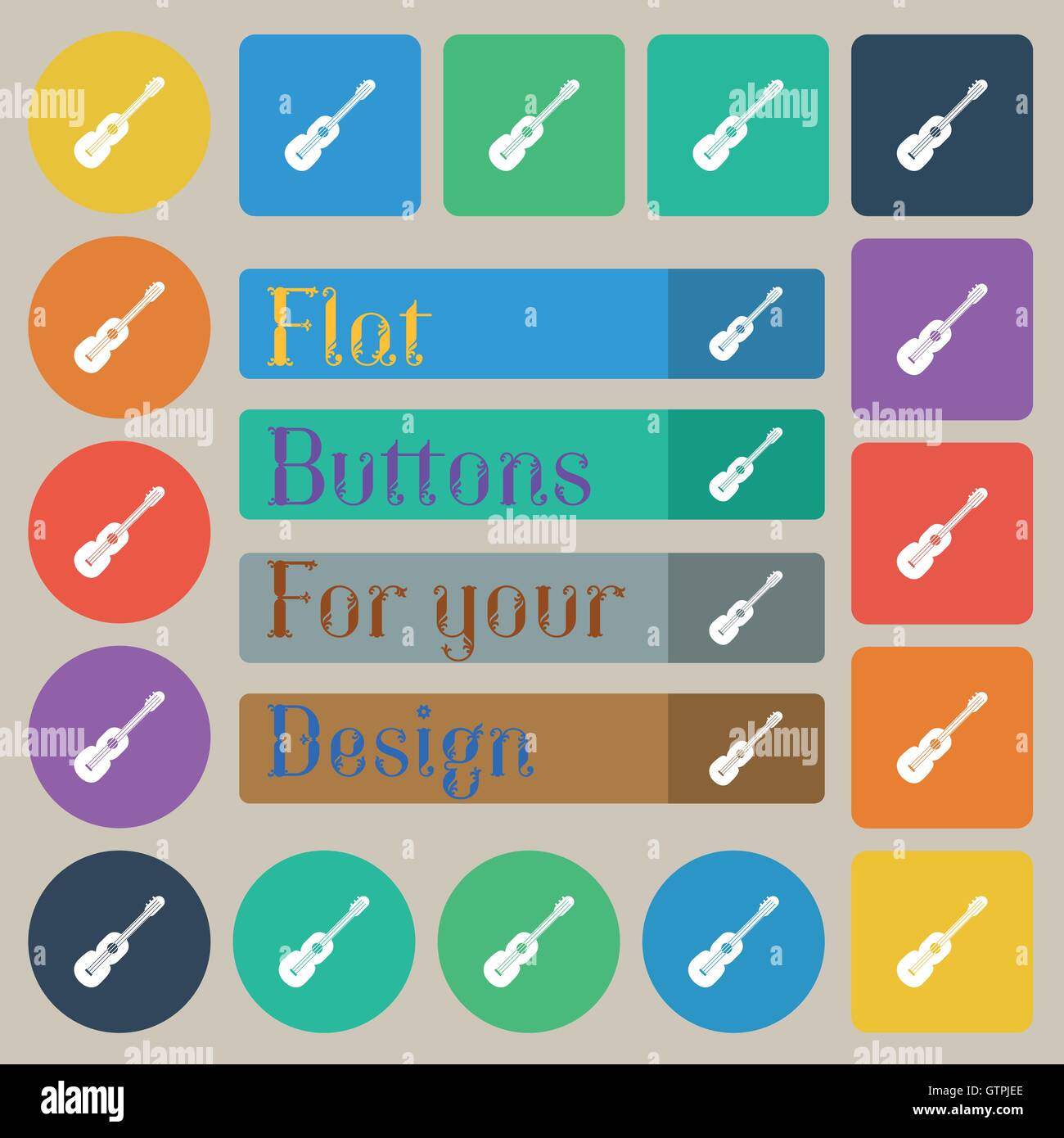 L'icône de guitare acoustique signe. Ensemble de vingt plats, ronds de couleur, boutons carrés et rectangulaires. Vector Illustration de Vecteur