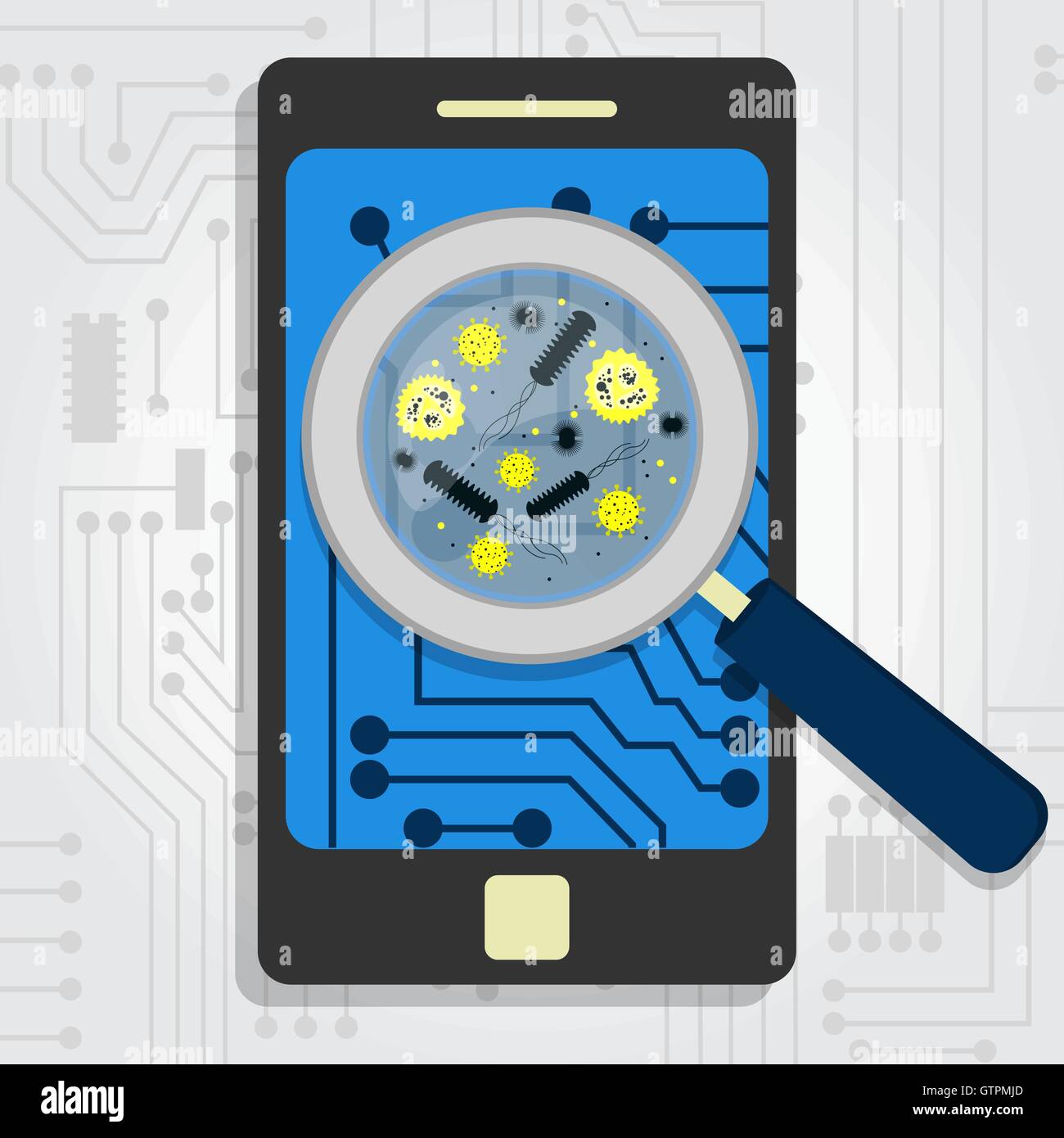 Virus détecté sur téléphone cellulaire. Grande loupe de micro-organismes. Illustration de Vecteur