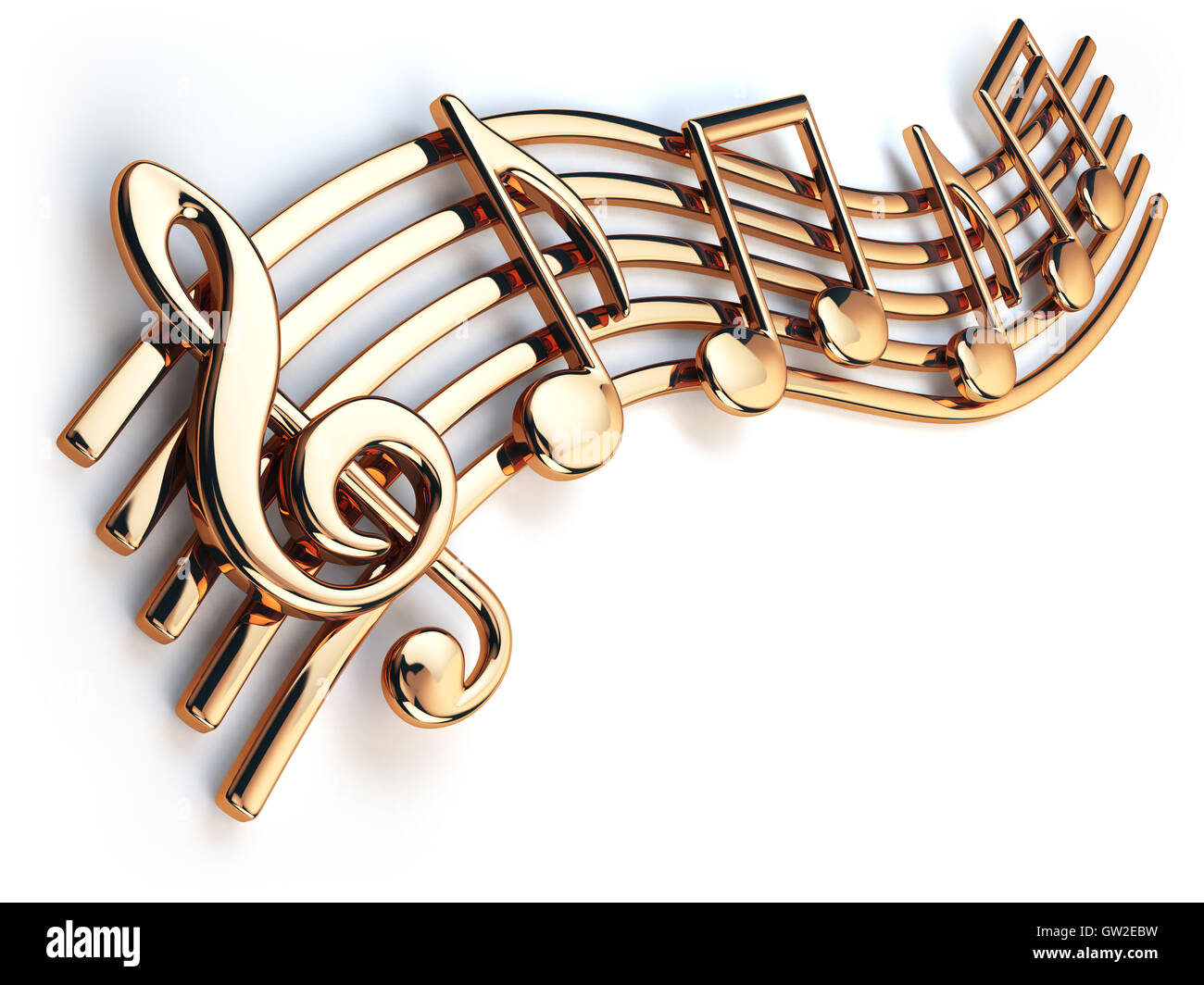 Notes de musique et d'or clé de sol sur les chaînes musicales isolé sur blanc. 3d illustration Banque D'Images