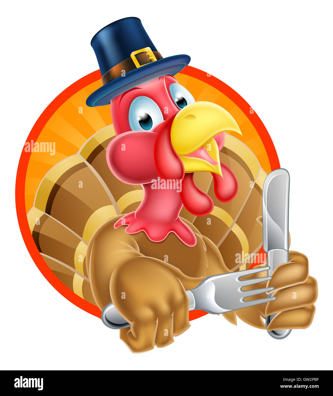 Un dessin de dinde de Thanksgiving en pèlerins hat tenant un couteau et fourchette Banque D'Images