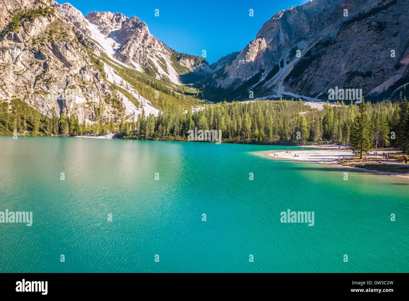 La Pragser Wildsee, ou Lac Prags, lac Braies en Dolomites Alpes Italiennes Banque D'Images