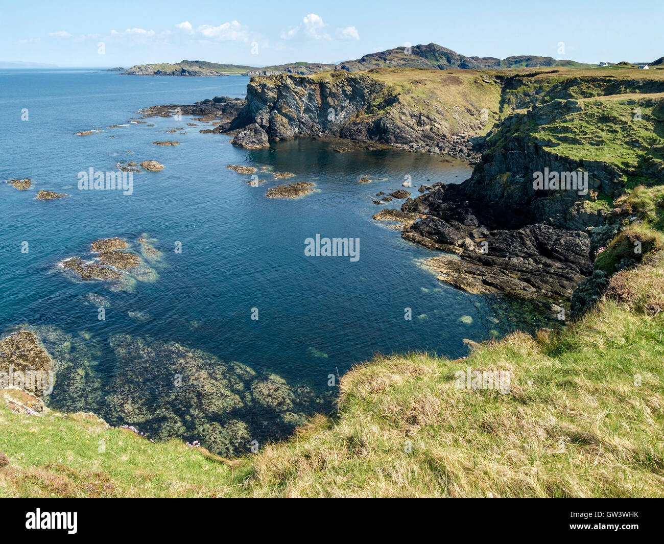 Vue côtière de Dun Uragaig hill fort à l'île de Colonsay, Ecosse, Royaume-Uni. Banque D'Images