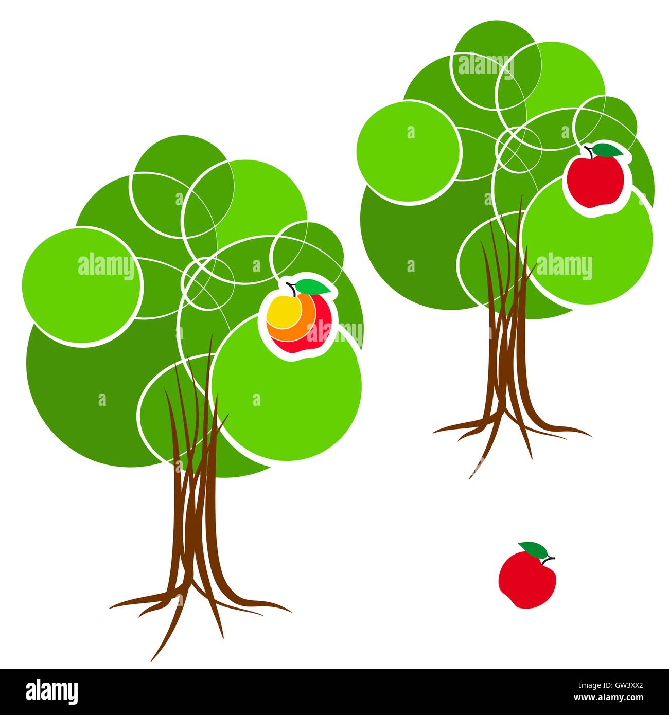 Caricature d'été vert arbre avec une couronne de cercles de diamètres différents. Résumé Le tronc et racines. Red Apple. Illustration de Vecteur