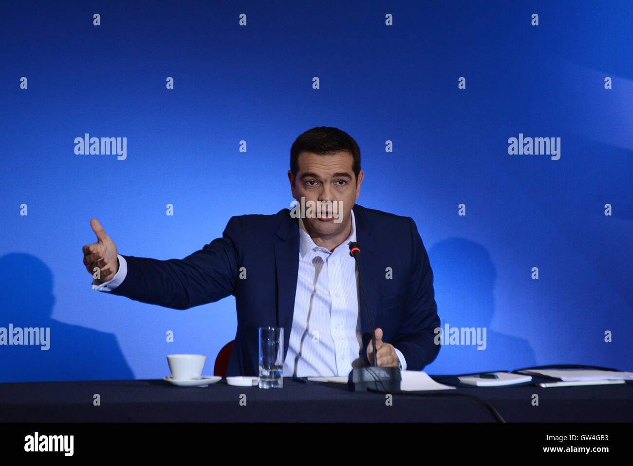 Thessalonique, Grèce. 11 Septembre, 2016. Le Premier Ministre grec, Alexis Tsipras, a donné une conférence de presse à la ville grecque de Thessalonique, un jour après l'inauguration de la Foire Internationale de Thessalonique était âgé de 81, le dimanche, 11 Septembre, 2016. Credit : Giannis Papanikos/Alamy Live News Banque D'Images