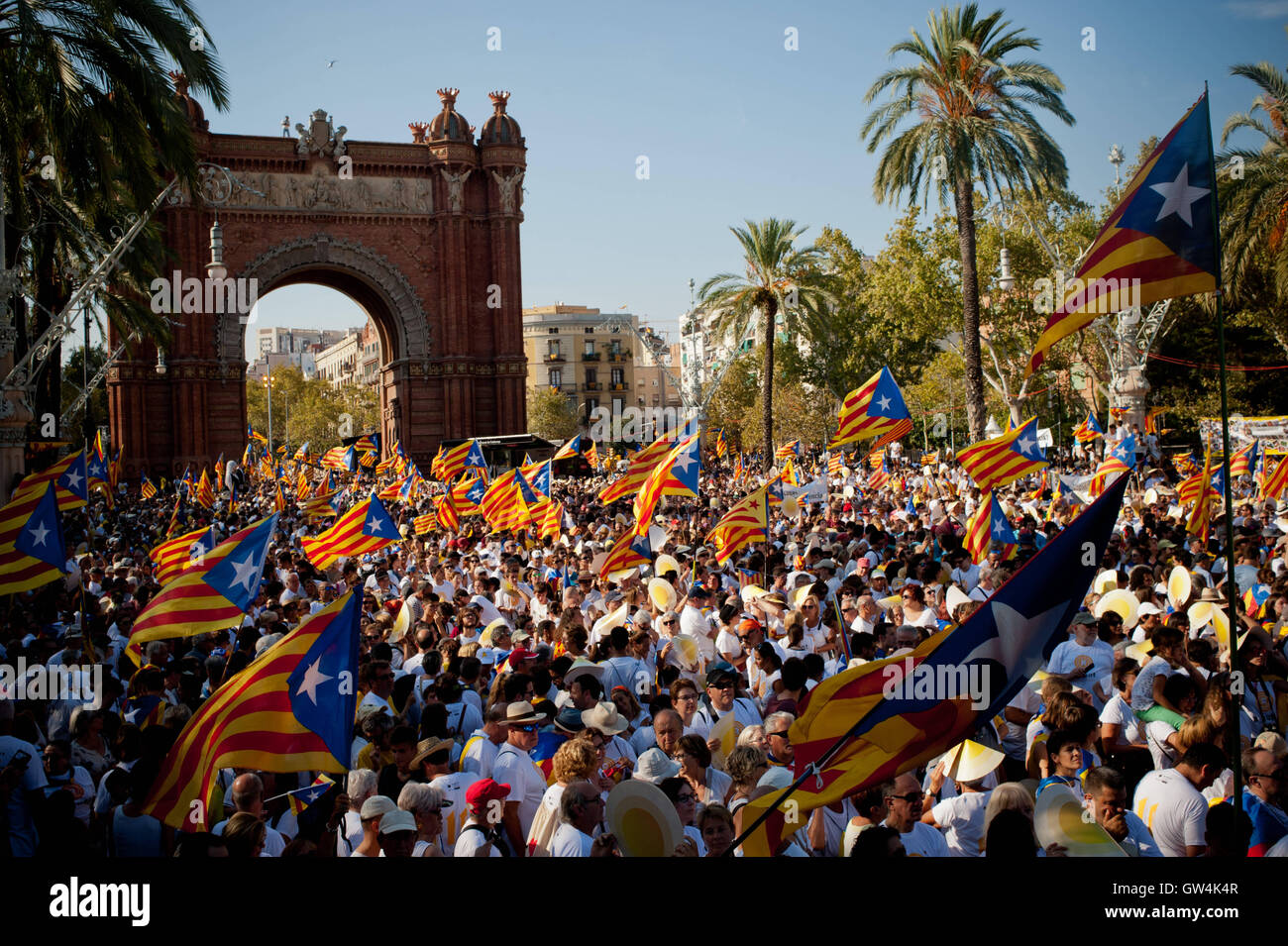 Barcelone, Catalogne, Espagne. Sep 11, 2016. Sur la Catalogne Journée nationale des milliers de personnes agitant des drapeaux indépendantistes catalans ou estelades à Barcelone pendant une manifestation de masse appelant à l'indépendance de la région de Catalogne en Espagne. Crédit : Jordi Boixareu/ZUMA/Alamy Fil Live News Banque D'Images