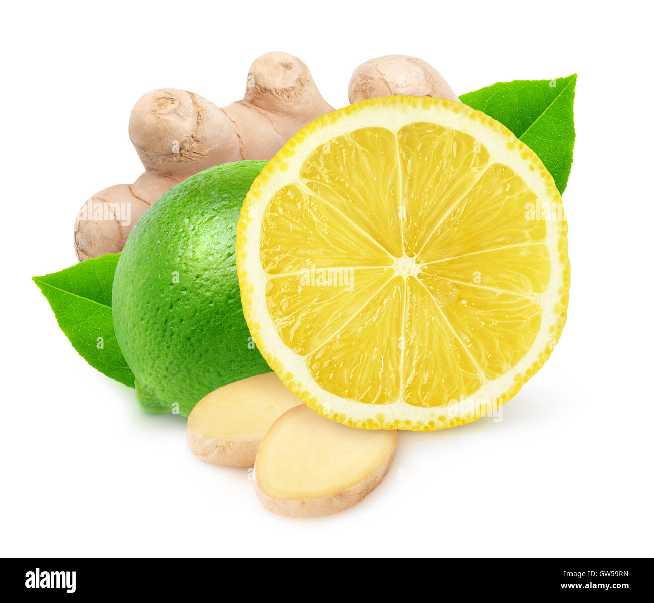 Agrumes isolés. Citron vert, gingembre et citron isolé sur fond blanc avec clipping path Banque D'Images