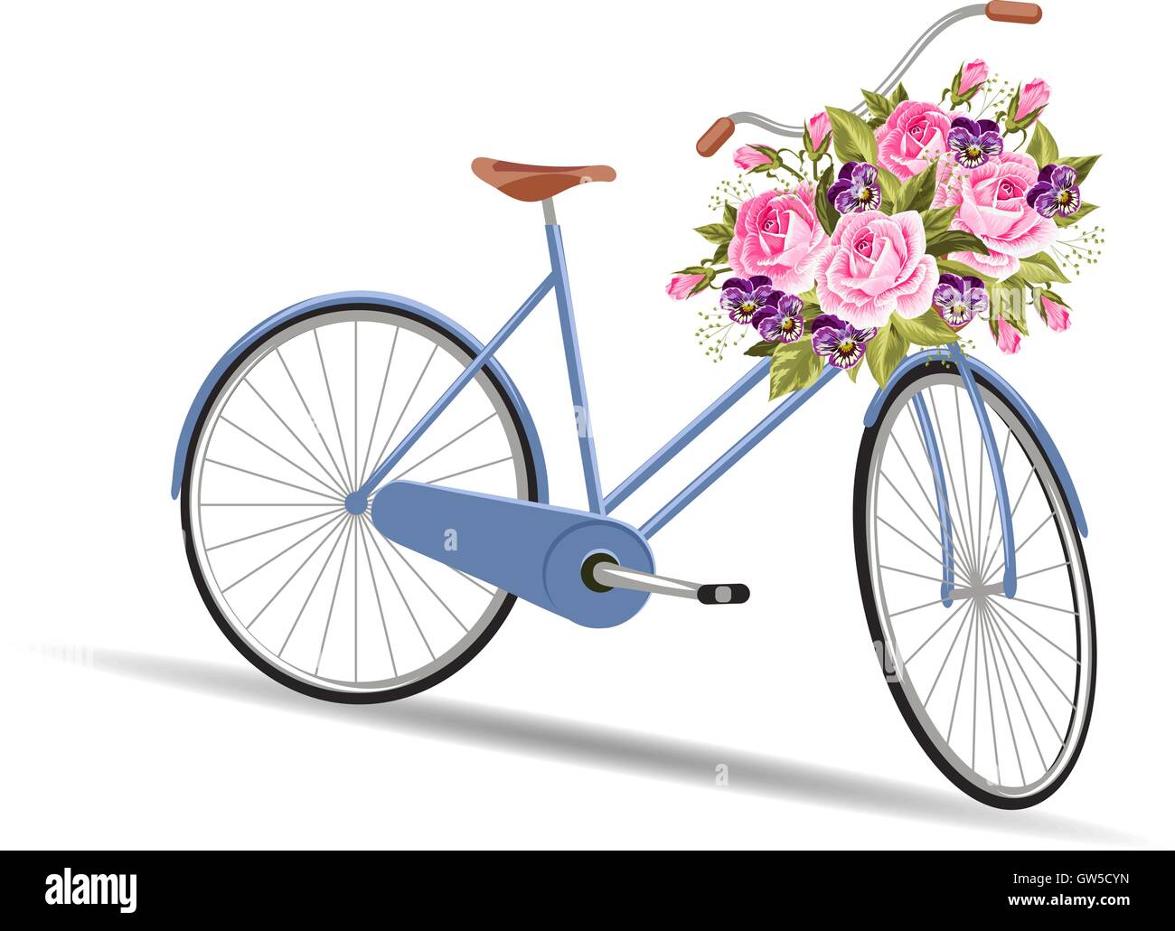 Vélo bleu avec un panier plein de fleurs Image Vectorielle Stock - Alamy