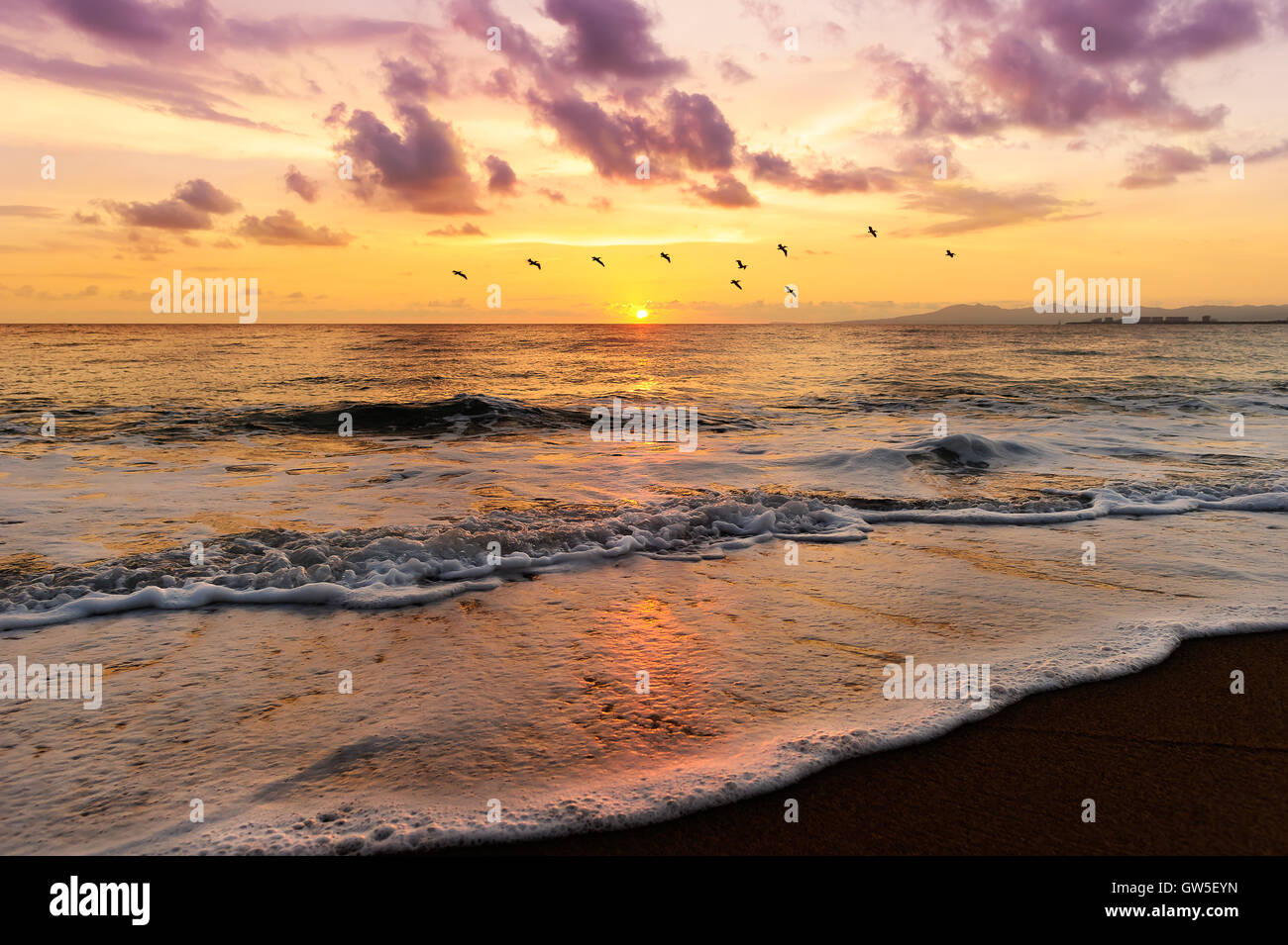 Ocean sunset est un ciel coloré rempli de nuages de couleur magenta que les oiseaux volent au-dessus de l'eau et une vague de douceur jusqu'à la rive. Banque D'Images