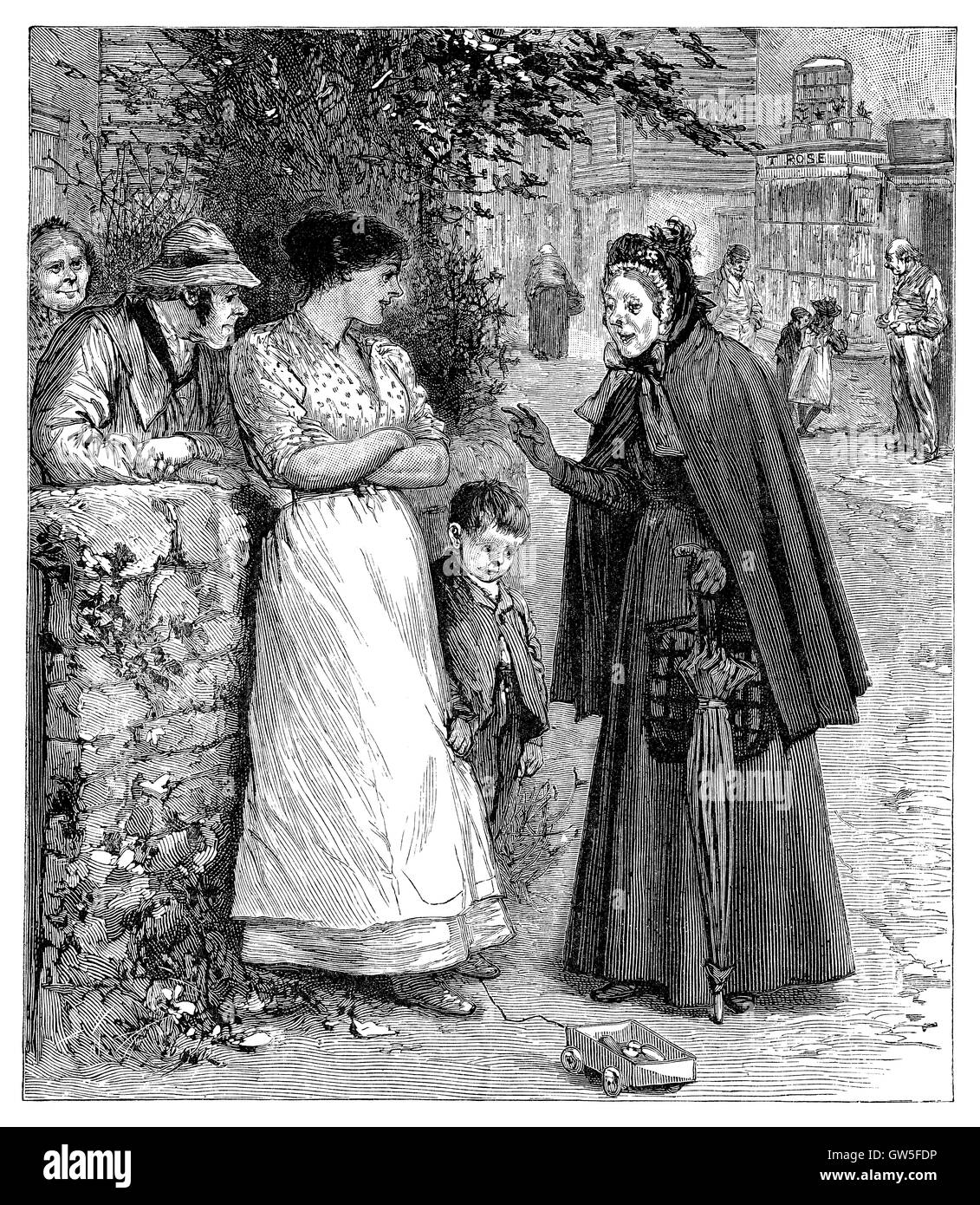 Gravure en noir et blanc d'une scène de village victorien. Banque D'Images