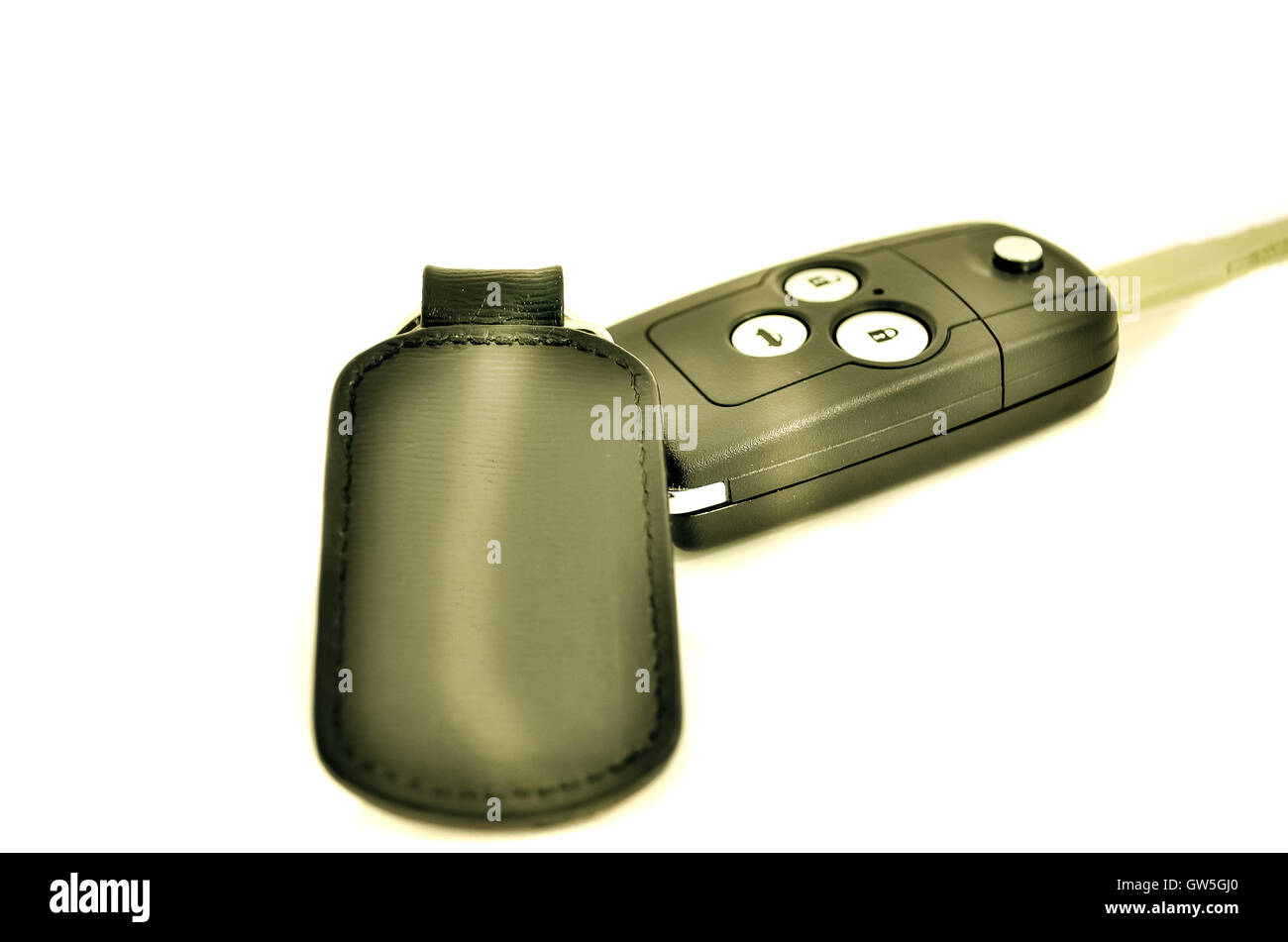 Clé de voiture avec télécommande sans fil et en cuir tag sur fond blanc Banque D'Images