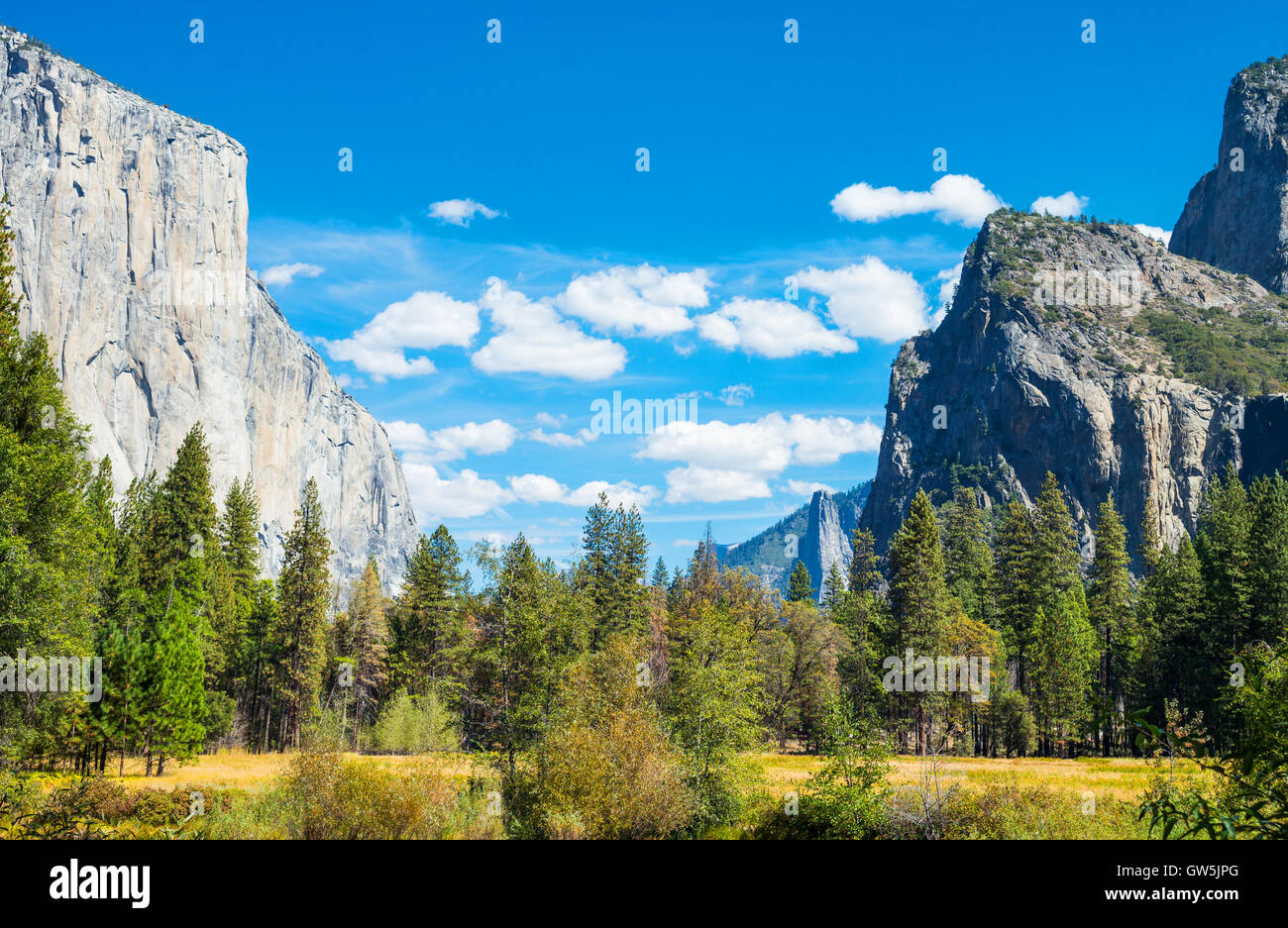 Yosemite National Park, Californie, vue panoramique de la vallée avec le El Capitan et la cathédrale Spires montagne Banque D'Images