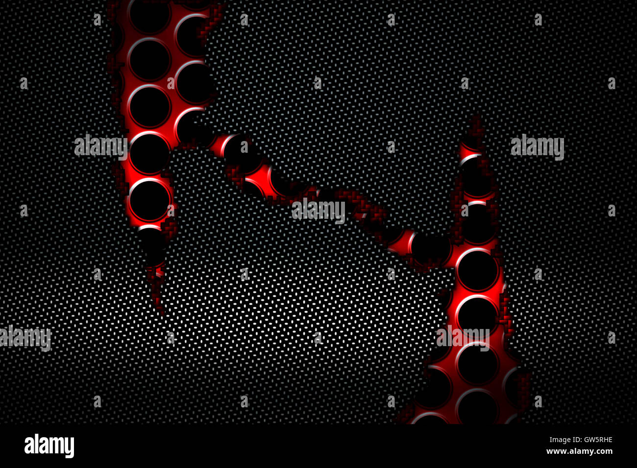 La fibre de carbone noir et rouge larme sur le grillage métallique rouge. contexte et la texture. 3d illustration. Banque D'Images