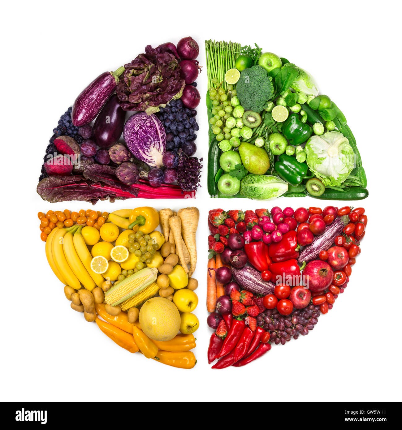 Cercle des fruits et légumes colorés isolé sur fond blanc Banque D'Images