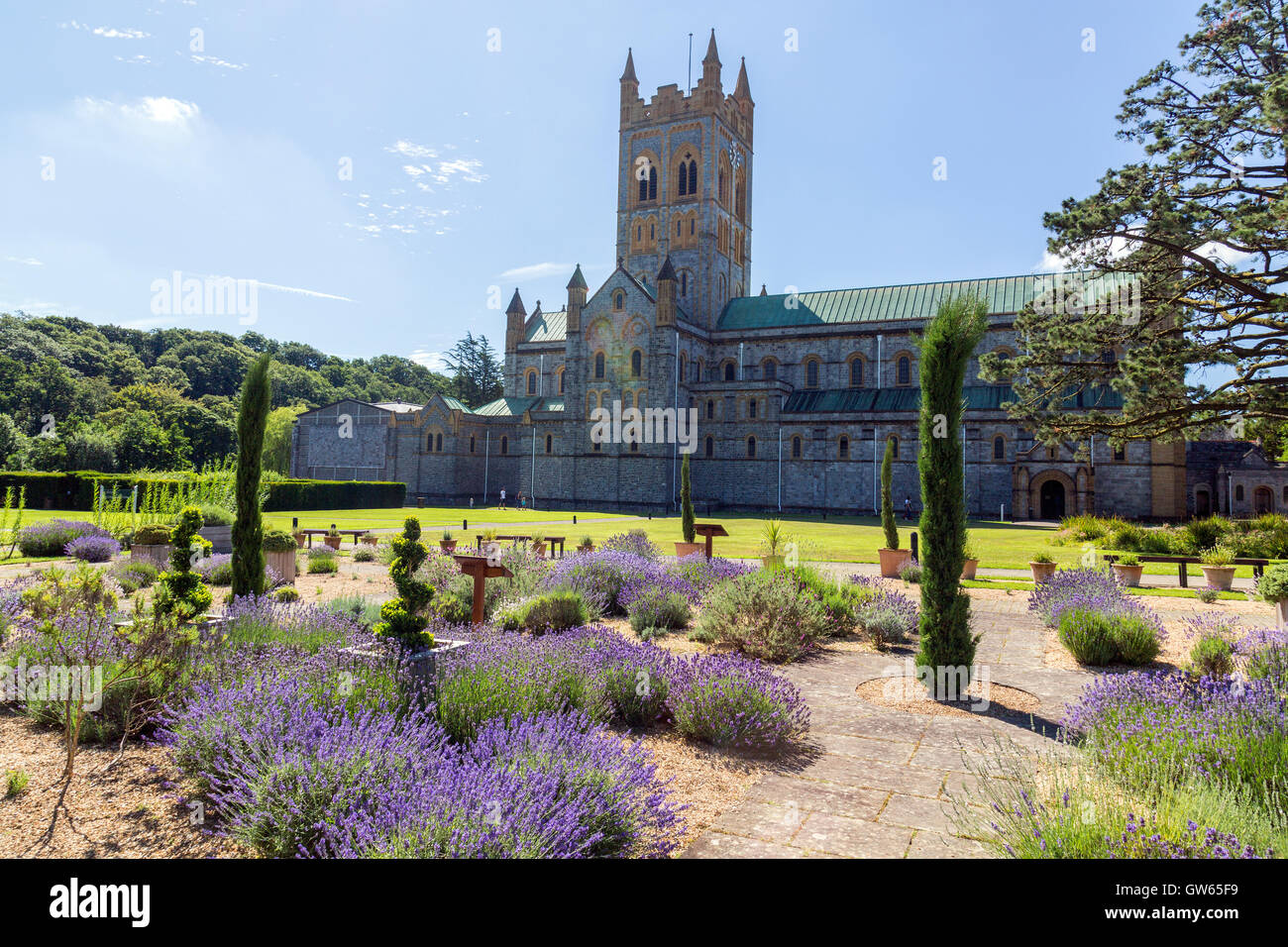Le jardin de lavande à l'abbaye de Buckfast (terminé en 1938), un monastère bénédictin de Totnes, Devon, England, UK Banque D'Images