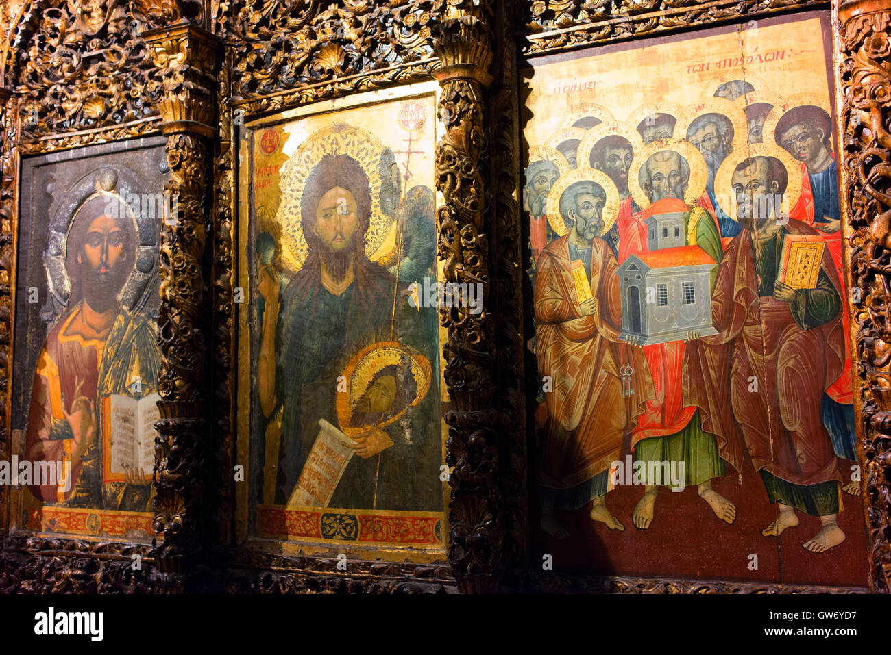 Dans l'Iconostase Onufri Musée dans la Cathédrale de l'assomption de Sainte Marie, à l'intérieur des murs de Berat Château. Banque D'Images