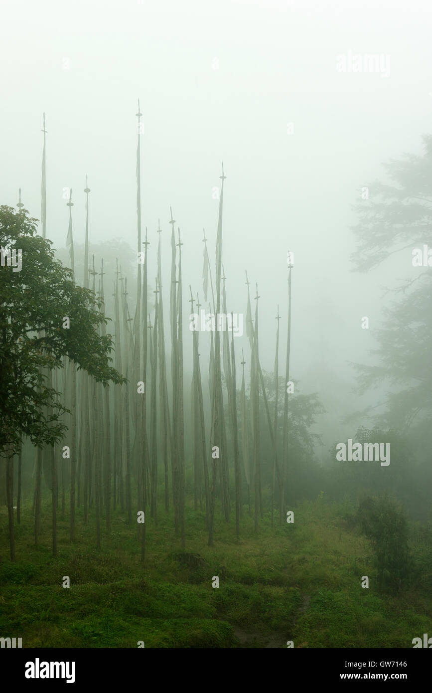 Drapeaux de deuil dans la brume à Dochula Pass. Banque D'Images